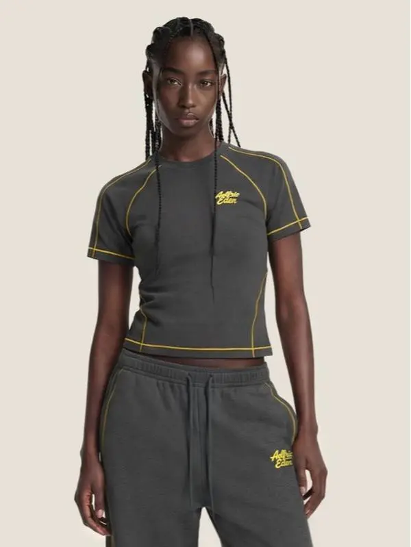 Aelfric Eden Cloud Slim Sweat Set Contrast Yellow Stitching Fitted Tee & Baggy Pants Casual Two-Piece Streetwear,summeroutfits,vacationoutfits,bathingsuitwomenset,beachoutfits Drawstring