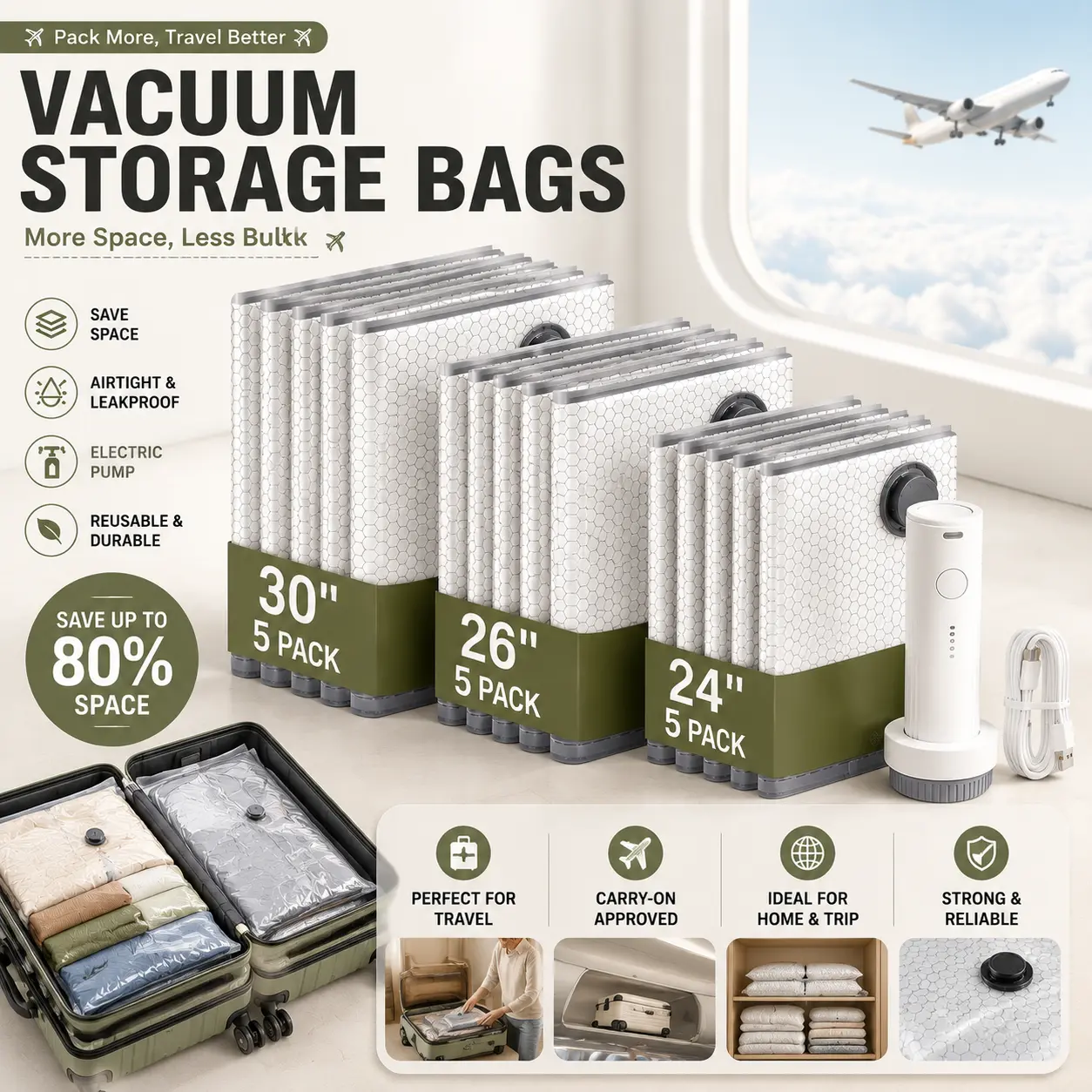 2026 Upgraded X7 Cordless Travel Vacuum Storage Compression Bag Set with USB Rechargeable Handheld Built-in Battery Pump,3 Sizes Waterproof Reusable Space Saver Zipper Pouches for Clothes, Carry-On Luggage & Suitcase Packing，Father's Day gift, V, Bags For