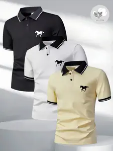 Men’s three-piece set featuring a premium cotton, skin-friendly polo shirt with a buttoned collar and a stylish little horse silhouette print; also includes a short-sleeve knit dress shirt suitable for summer work, made from stretchy tropical fabric—an id