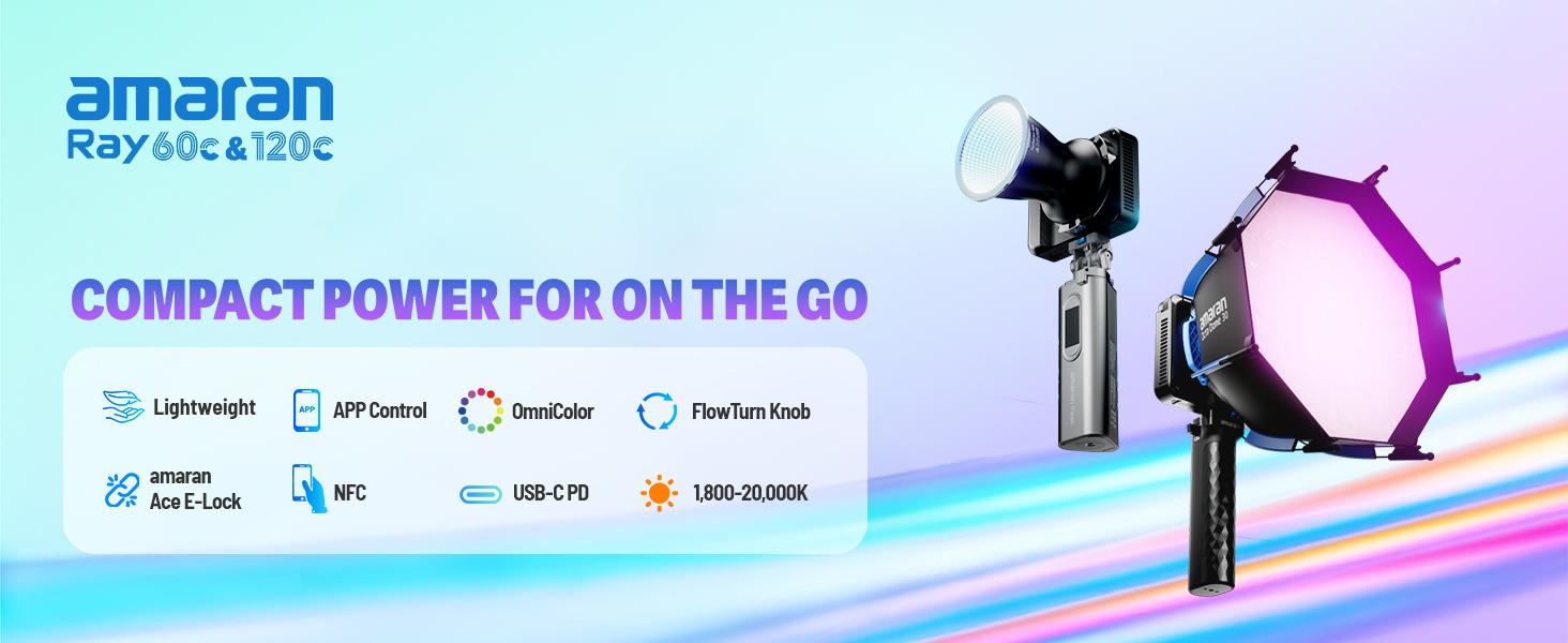 amaran Ray 60c RGB Video Light - 60W full-color Portable Studio Light CCT 1,800K-20,000K,3910Lux/1m, IP54 Bowens Mount,w/Softbox Portable Bag for Content Creators Vlog,Live Streaming,Weddings, Events, Conventions