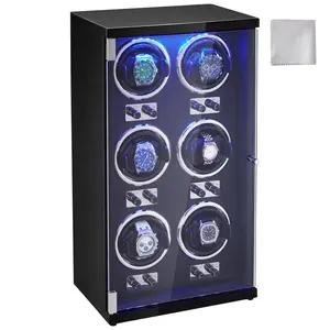 VEVOR Watch Winder,  , Watch Winder for 6 Men's and Women's Automatic Watches, with 6 Super Quiet Japanese Mabuchi Motors, Blue LED Light and Adapter, High-Density Board Shell and Black PU