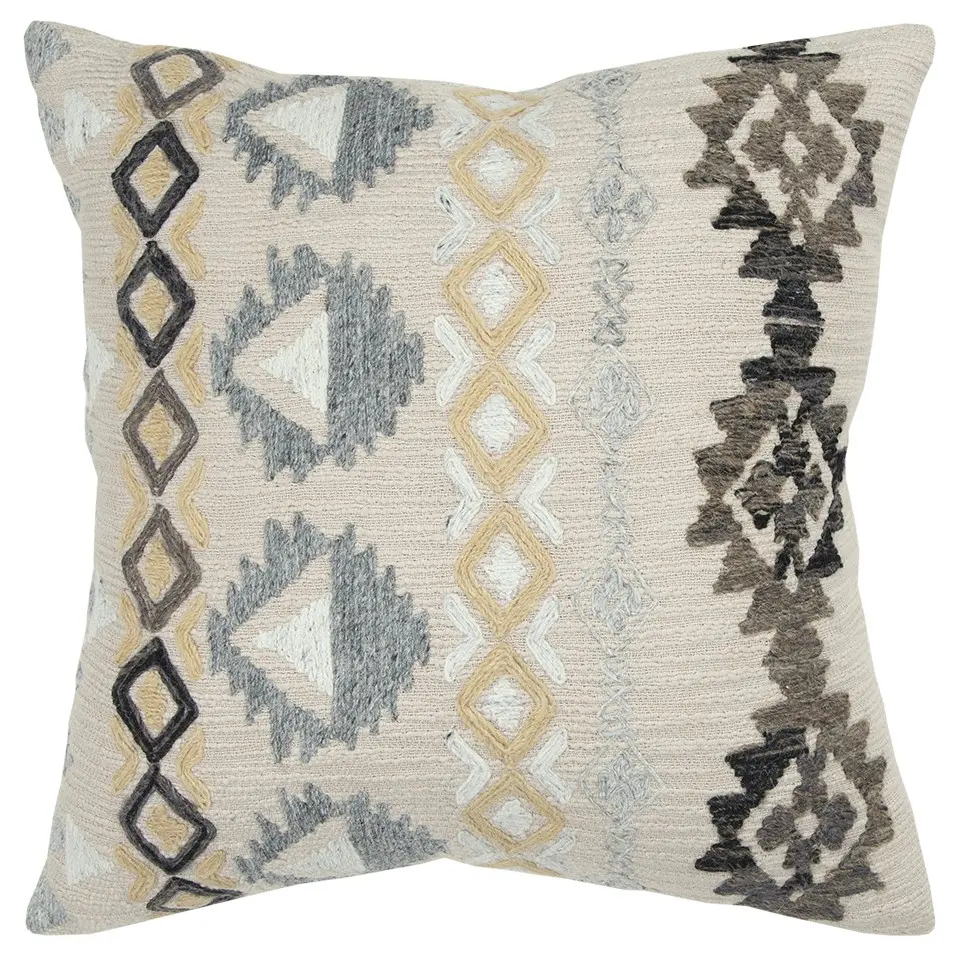 HomeRoots 403337 Brown & Beige Tribal Influence Soft Cushion - Square, Textural Embroidery, Classic Standard Size, Natural Design, Woven Base, Luxurious Appearance, Zipper Closure, Living Room Decor, Cotton Slub Fabric