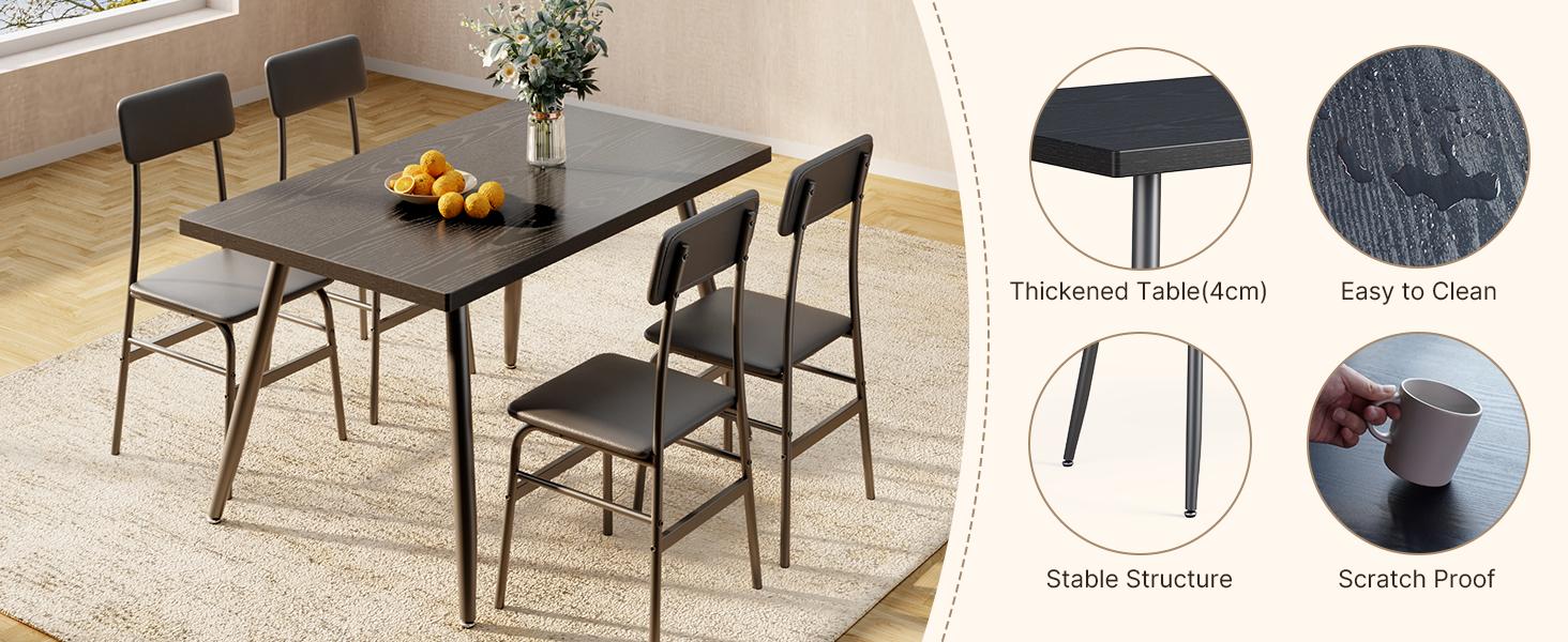 Gizoon 5 Piece Dining Table Set for 4, Modern Metal & Wood Kitchen Dinner Table with 4 Chairs, Space-Saving Dining Room Furniture Table & Chair Sets for Small Spaces & Apartment, Rustic Brown