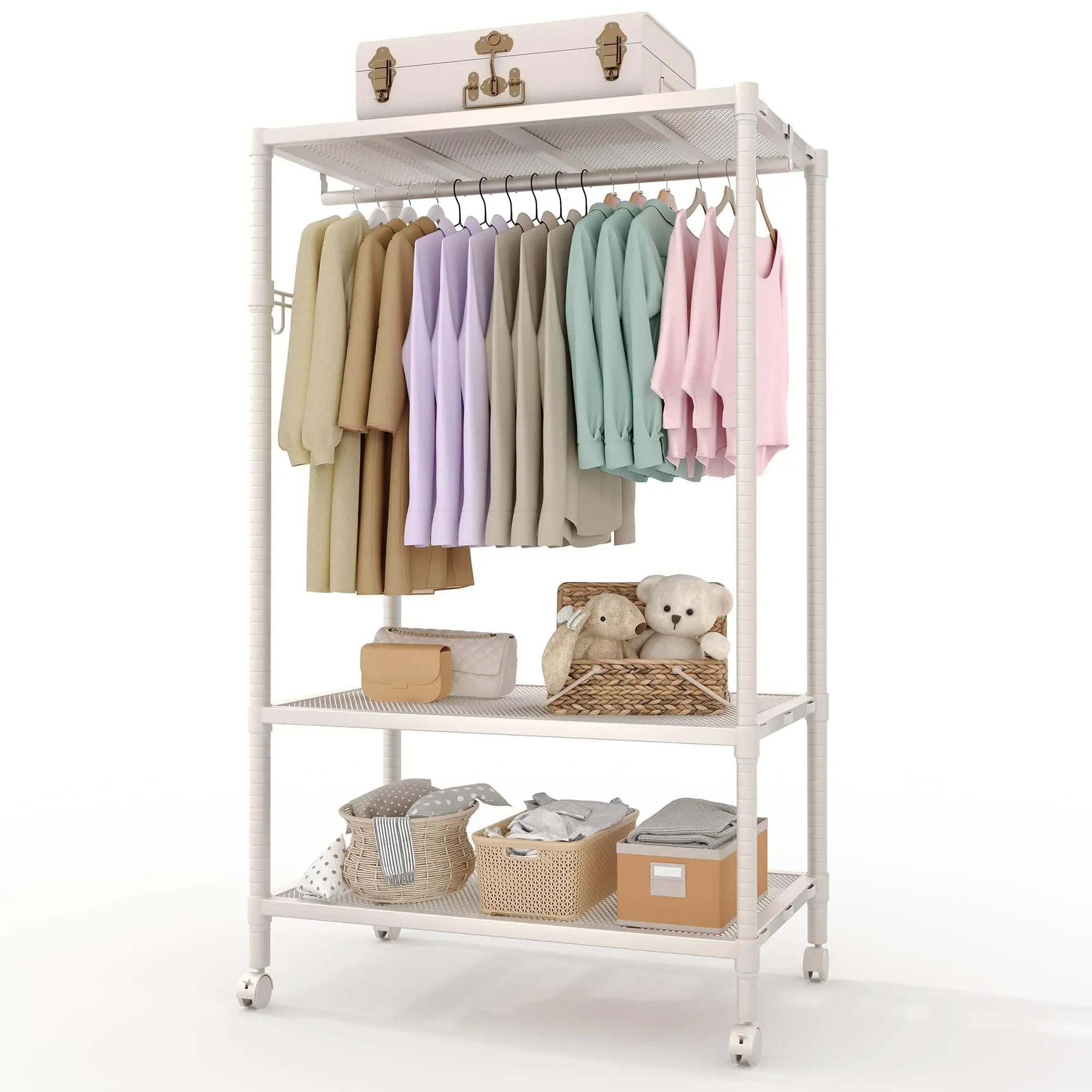Garvee Rolling Clothes Racks for Hanging Clothes, 70.2" H Metal Garment Rack with Shelves, Wheels, and 2 Side Hooks, Freestanding Organizer for Dorm or Apartment