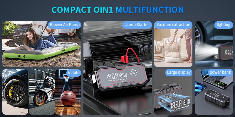 Kapeezi 12000A (All Gas, 12L Diesel) Portable Car Jump Starter with Air Compressor, Blower All-in-One, portable power bank with 160PSI Tire Inflator, Car Battery Jump Starter Multi-Function Vehicle battery jump pack Automotive Tool Kit