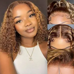 Curly Bob Wig Human Hair 180 Density Highlight 13x4 Short Bob Wig Human Hair 4/27# Pre Plucked HD Lace Frontal Wet and Wavy Honey Blonde Deep Wave Colored Wigs Glueless 16 inch