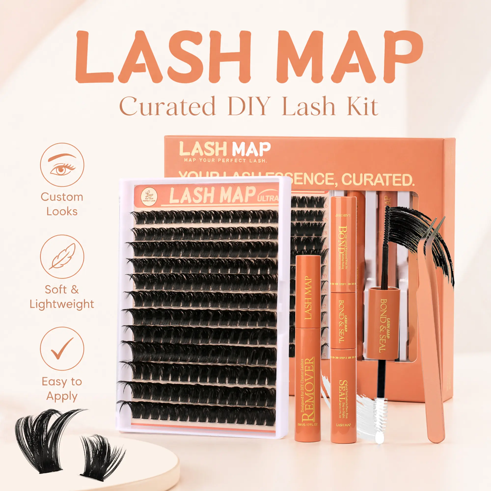 LASH MAP DIY Lash Extension Look Kit, Cluster Lashes and Lash Tools for Natural to Full Glam Makeup with Lash Tools for Everyday, Party and Holiday Makeup