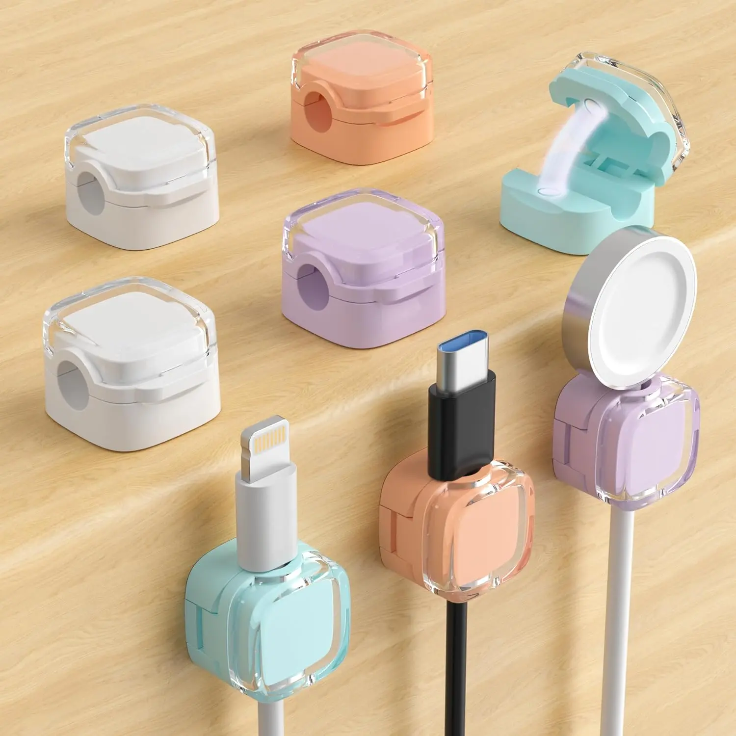 6-Pack Multicolor Crystal Magnetic Cable Clips - Adjustable Adhesive Cable Organizer with Work Accessories, No Residue, Magnetic Grip, Stays Put on Glass, Holds Most Cords (7.5mm/0.3in Diameter) for Home Office Desk, Car, 0.3 Inch Diameter