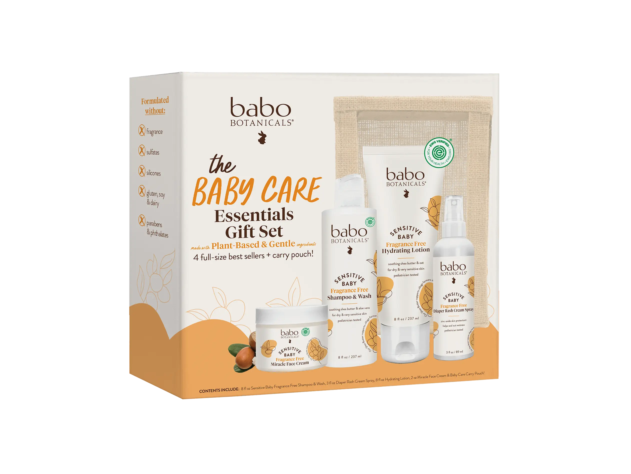 Babo Botanicals Baby Care Essentials 4-Piece Gift Set with Carry Pouch – Miracle Face Cream, Shampoo & Wash, Hydrating Lotion & Diaper Rash Cream Spray – Fragrance Free