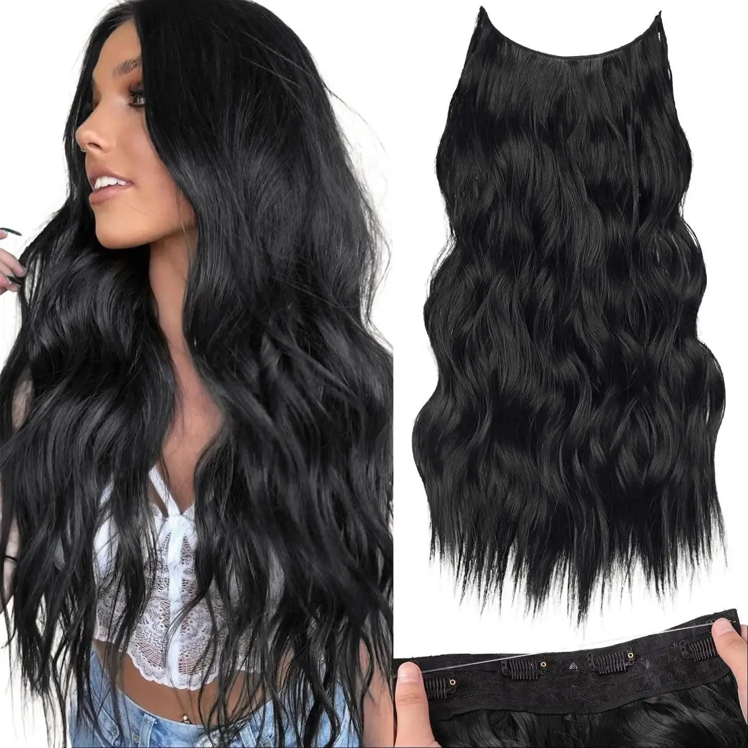 AISI HAIR 16/20/24 Inch Invisible Wire Synthetic Halo Hair Extensions Clip-On Long Wavy Hairpiece for Women Black Secure 4 Clips, Invisible Hairline, Beauty Products Wavy Hair Toppers Curly Wave Bundles