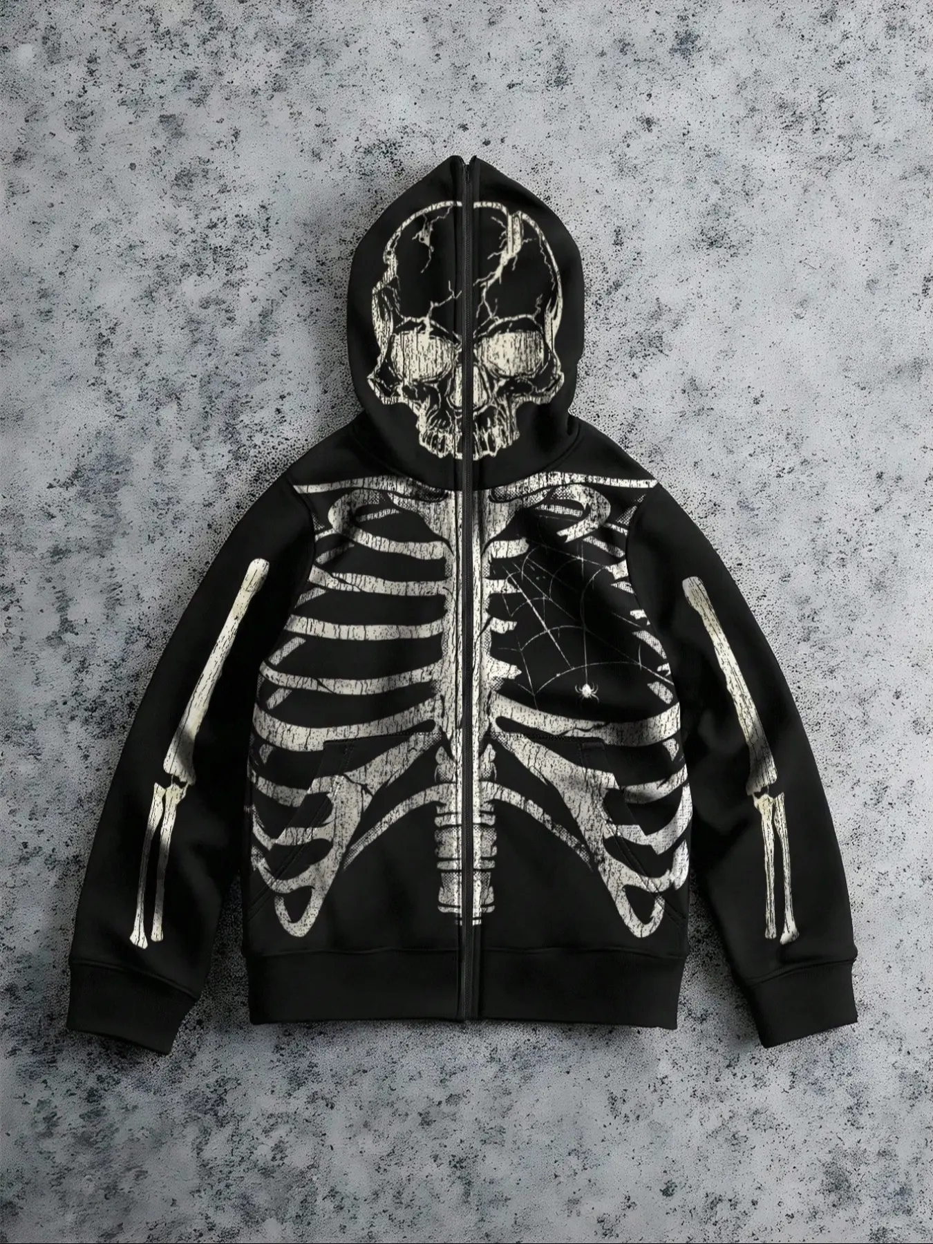 Men's Full Zip Fleece Hoodie, Winter Comfortable Sportswear, Day of the Dead and Halloween Skull and Skeleton Print Long Sleeve Hooded Jacket for Fall & Winter Outdoor Wear