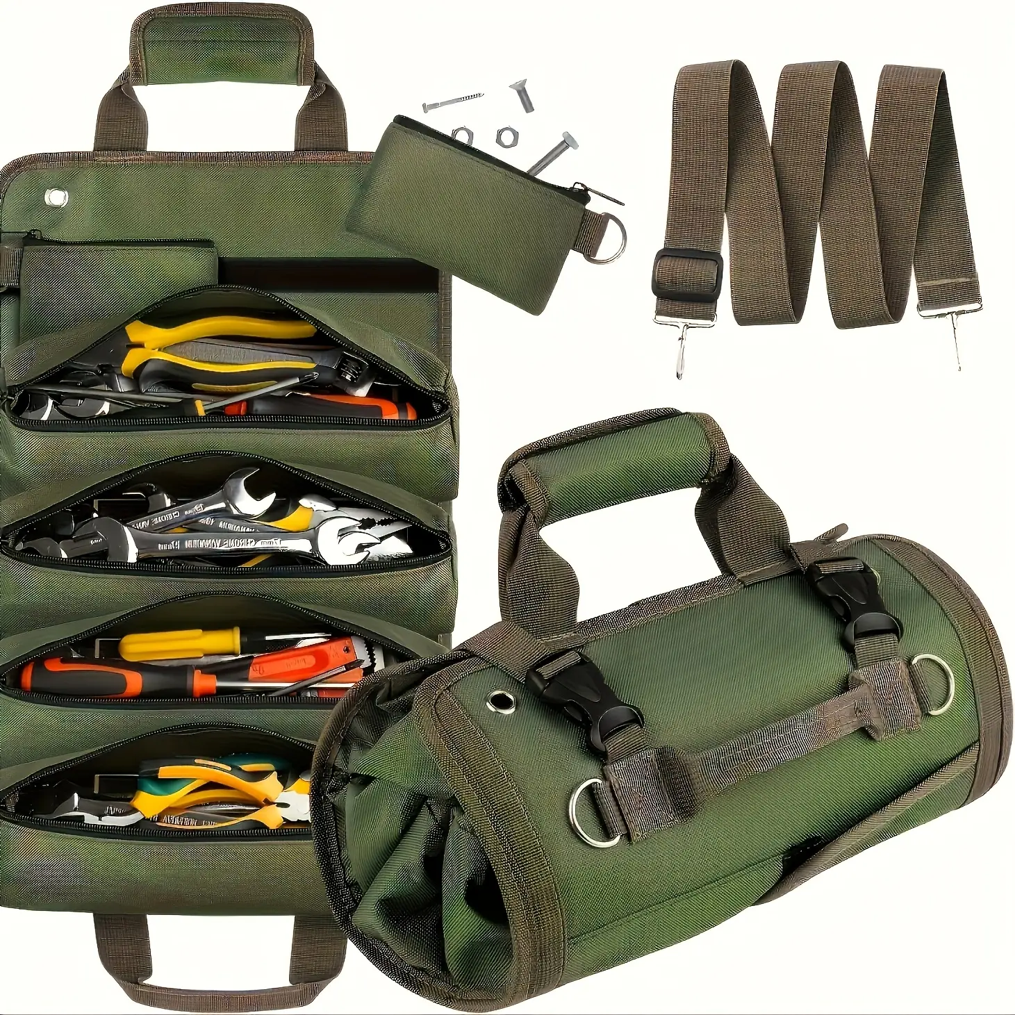 Portable Multi-Tool Roll Bag, Sturdy Carpenter Organizer with 4 Compartments, 2 Detachable Pockets, Heavy-Duty Belt, Green Tool Box for Electricians, Sturdy Tool Bags