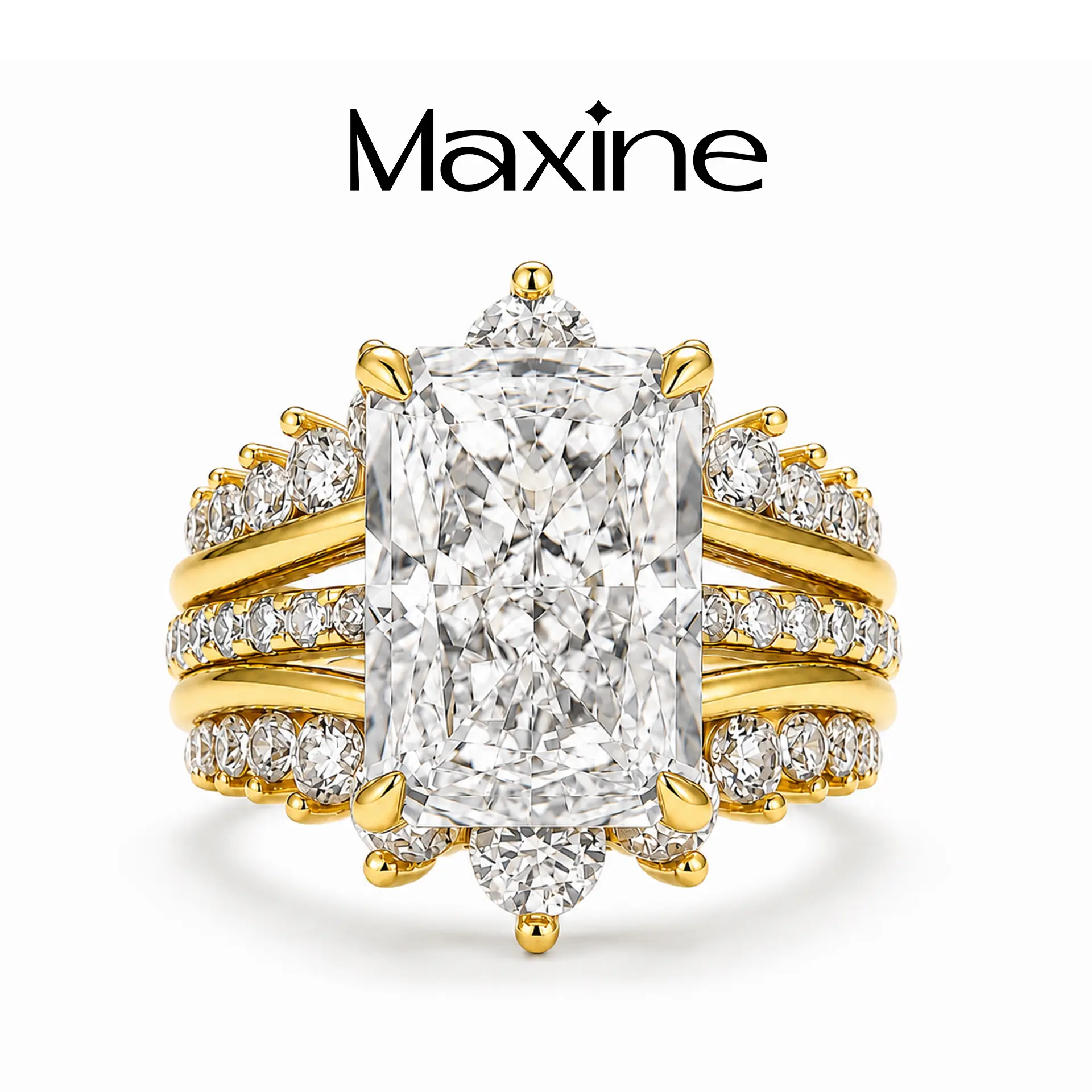MAXINEJEWELRY 7.0ct Radiant Cut Bridal Engagement Ring Set,Tarnish Resistance 14K Gold Plated,Stackable Nesting Insert Wedding Band,Travel Friendly Daily Fine Jewelry