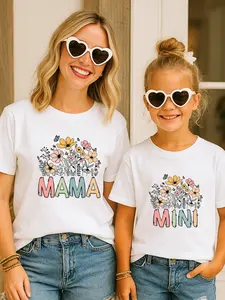 Cute 1pc Mother-Daughter Matching Retro Floral T-Shirt Set, Mama-Mini Outfit Gift for Girls' Kids' Fashion Tops