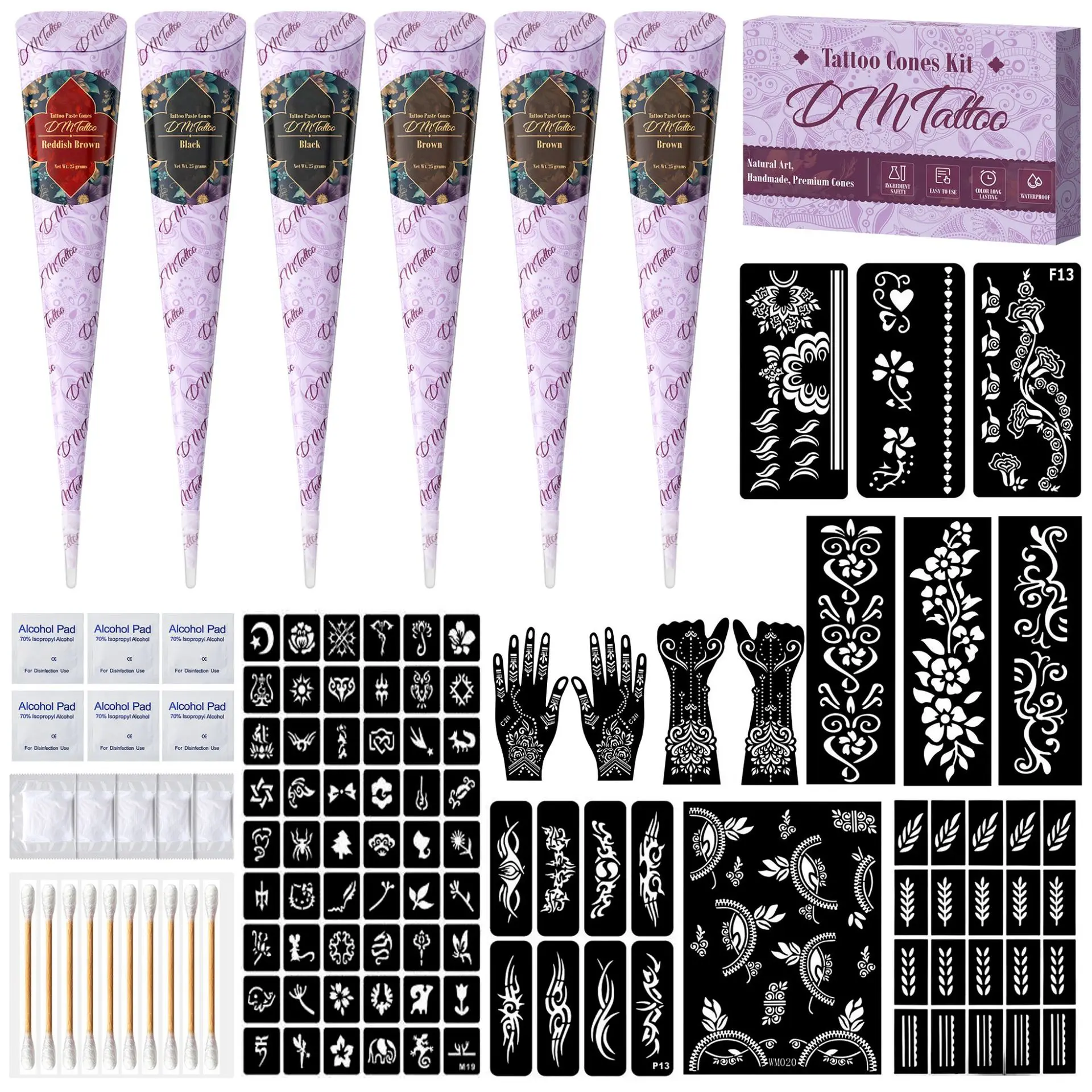 Henna Tattoo Kit, 3/6 Colors Natural Henna Cones with Reusable Mehndi Tattoo Stencils, Waterproof Long-Lasting Temporary Body Art Ink, Gentle Skin-Safe DIY Tattoo for Festival, Party & Wedding