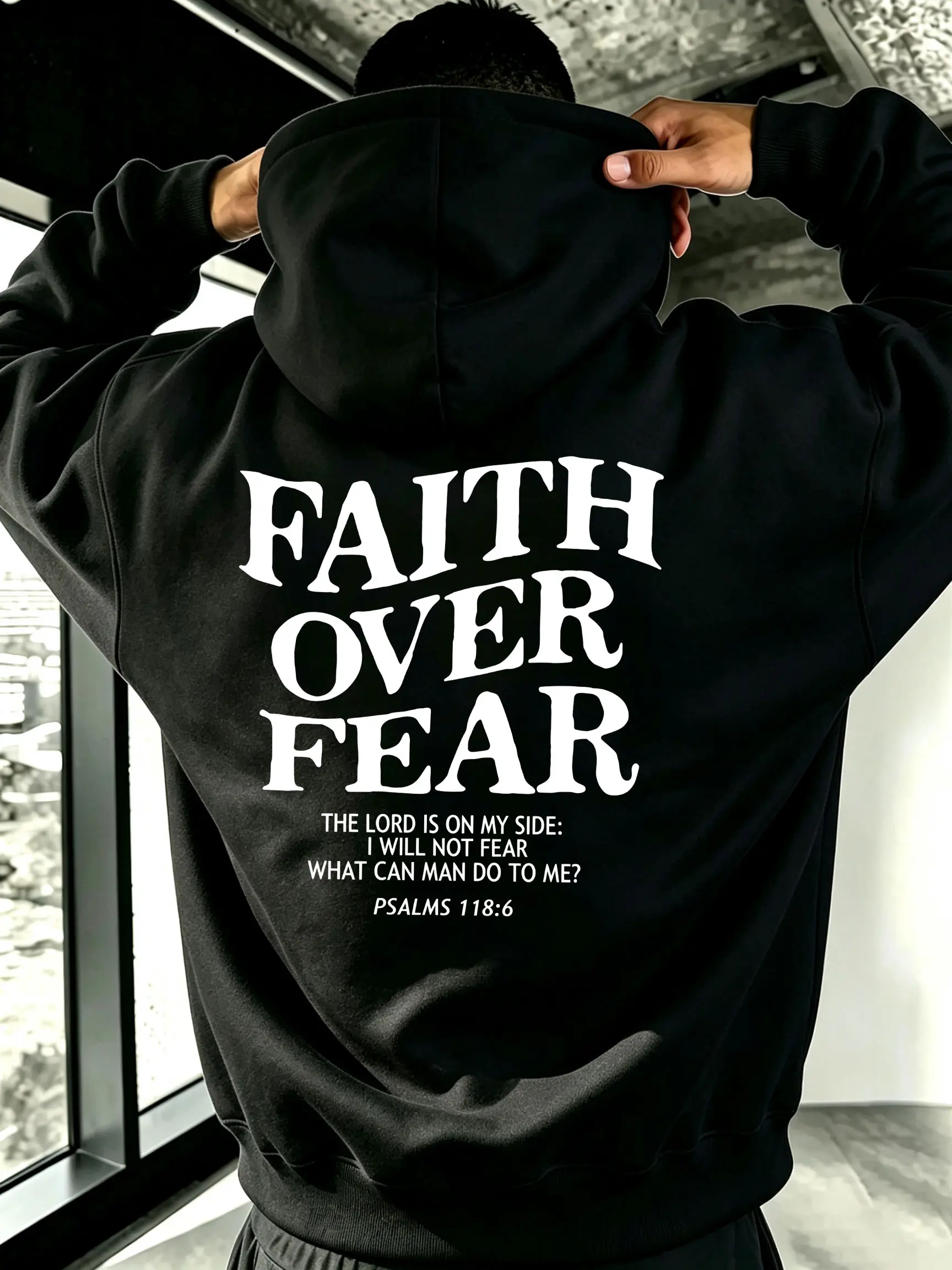 FAITH OVER FEAR retro double-sided hoodie with thick topstitching and lettering PSALMS118:6 motivational text unisex oversized sweatshirt 【Runs small, order one size up】