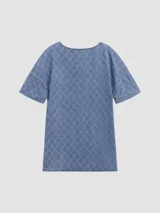 Elengatine Vintage Rhombus Pattern Denim Dress Short Sleeve Crew Neck American Casual Style Skin Friendly Comfortable Unique Design Slim Fitting Must Have for Daily Wear Dates Street Style Multi Scene Outfits Crewneck Womenswear