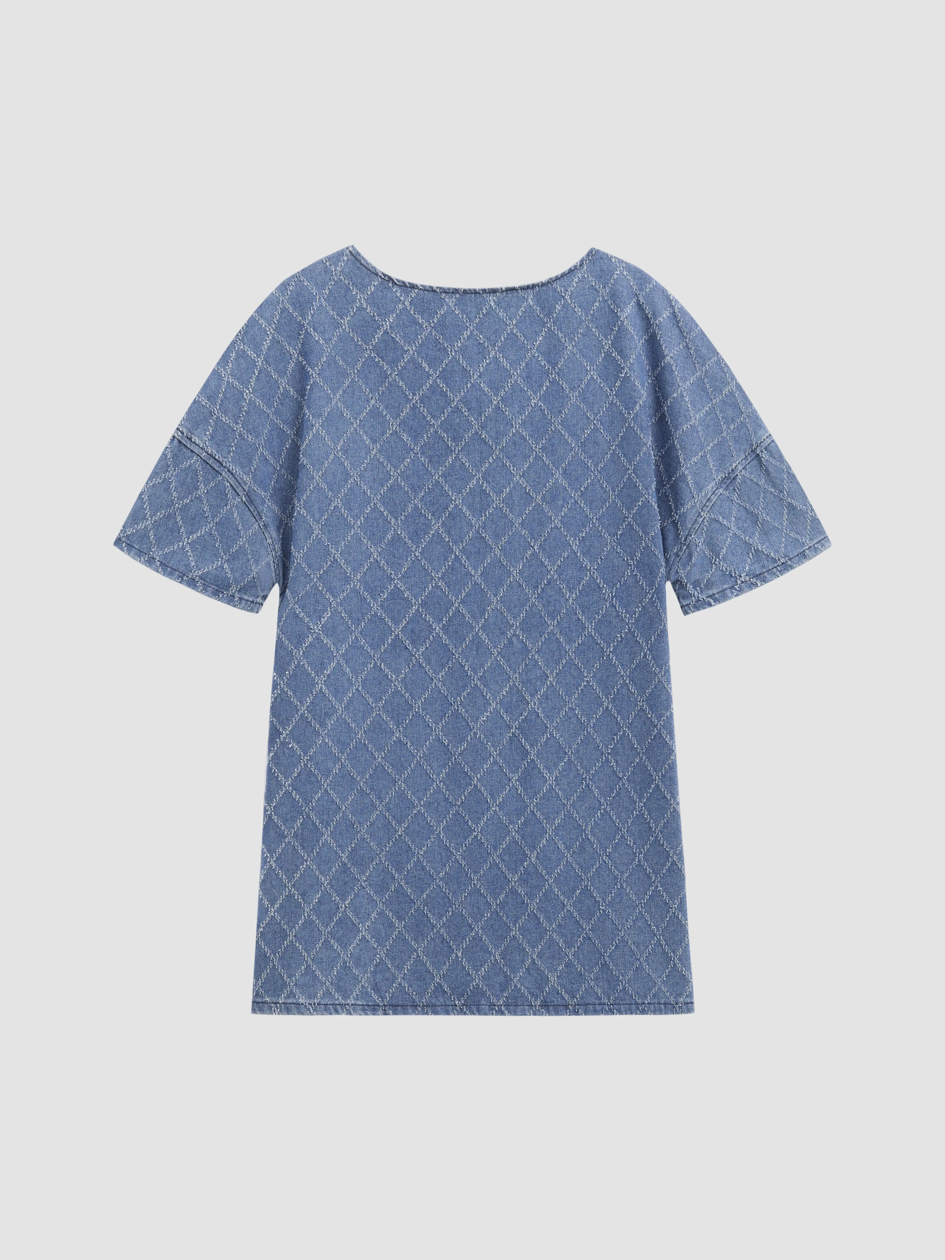 Elengatine Women's Vintage Rhombus Pattern Cotton Denim Dress - Short Sleeve, Crew Neck, Slim-Fitting Bodycon, Breathable, Soft, Fashion, Skin-Friendly, Elegant Unique Design, American Casual Style, Cold Wash, Everyday Wear Dates, Blend Denim Casual Dress