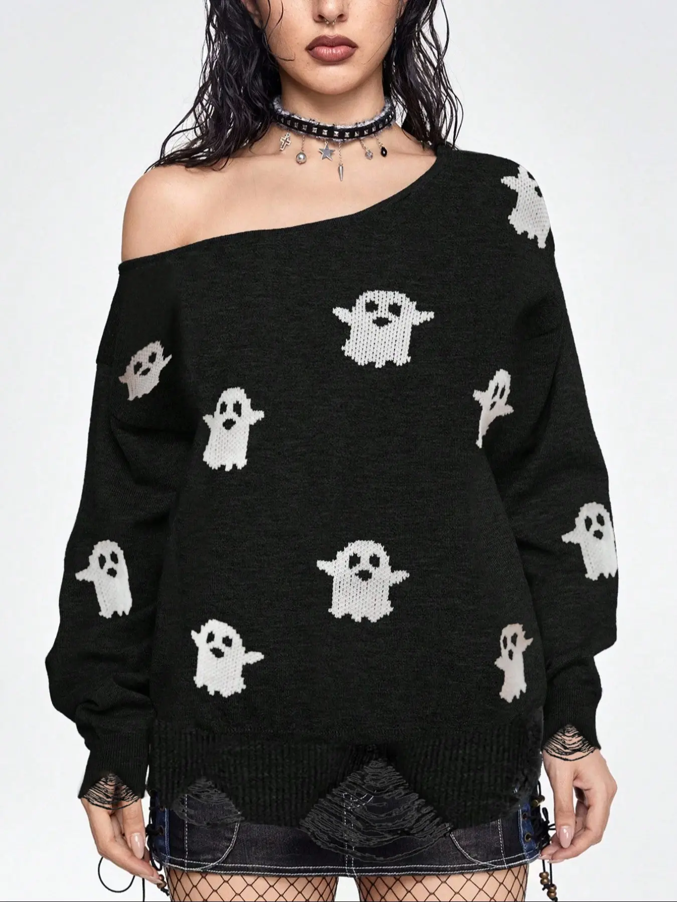 Plus Size Cartoon Ghost Print Ripped Drop Shoulder Sweater, Casual Fit Knitted Long Sleeve Round Neck Jumper for Fall & Winter, Women's Knitwear for Daily Wear Knitting