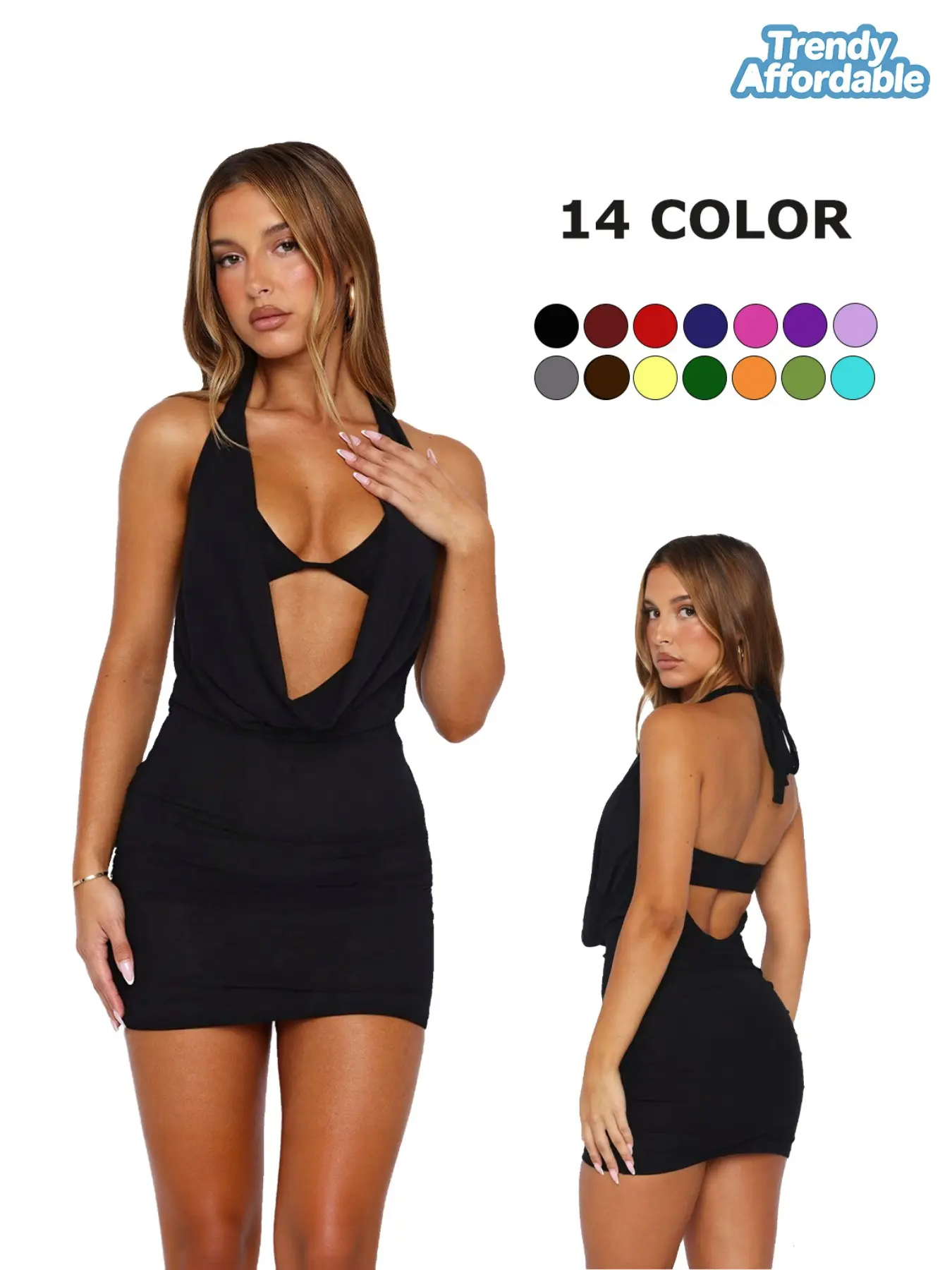 Summer Sexy Halter Dress, Deep V Neck, Bodycon Mini Dress, Slim Fit, Revealing Waist Design, Beach Sleeveless Dress, Versatile Fashion for Ladies, Womenswear, Women