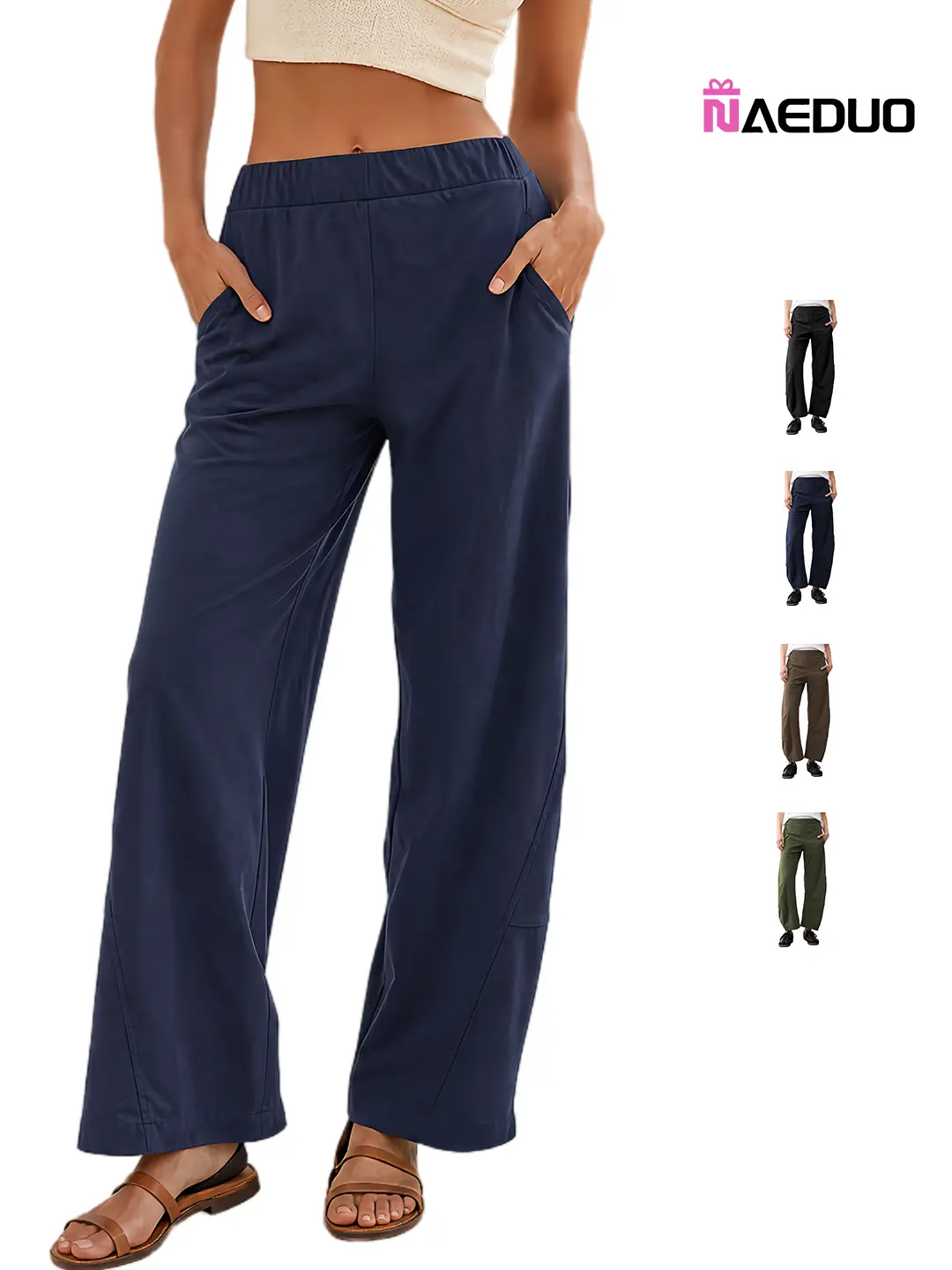 Naeduo Women's Mid Rise Barrel Pants | Lightweight Elastic Waist Tapered Baggy Trousers with Pockets Casual Travel Work Lounge Wear