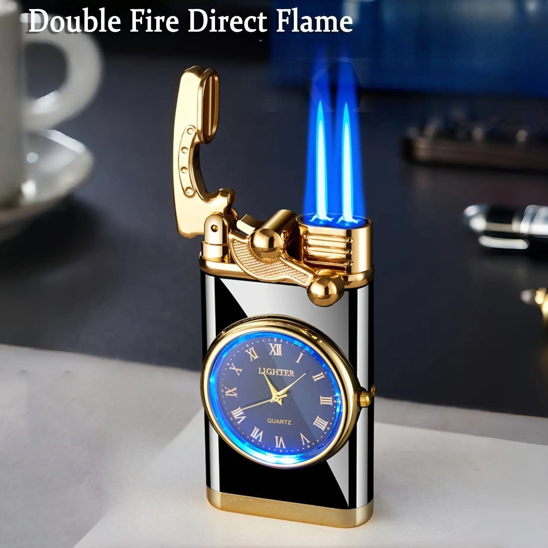 (Butane Gas Not Included) Double Flame Lighter Windproof Butane Refillable Lighter with Adjustable Flame, & Blue Vintage Pocket Lighter for Camping,, s - Heavy-Duty Outdoor Ignition (Gas Not Included) - Ideal Gift