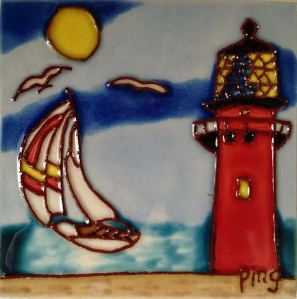Continental Art Center SD-031 4x4 in. Handmade Glazed Ceramic Nautical Lighthouse Tile, Home Improvement Wall Decor Backsplash Decoration