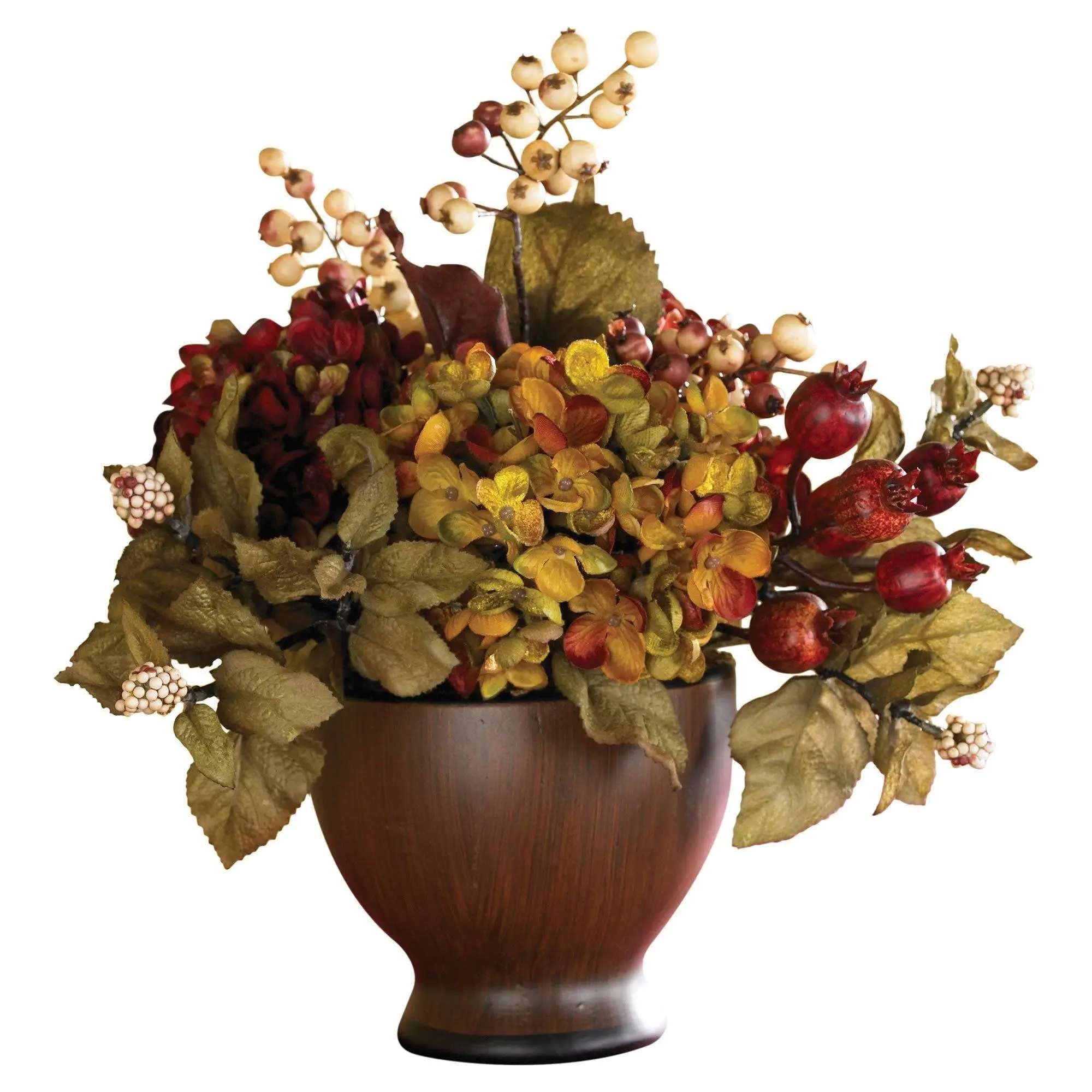 Synthetic Autumn Hydrangea Flowers Bouquet with Round Vase, Classic Chestnut Floral Arrangement with Rich Foliage, Home Decor Table Centerpiece for Dining Room