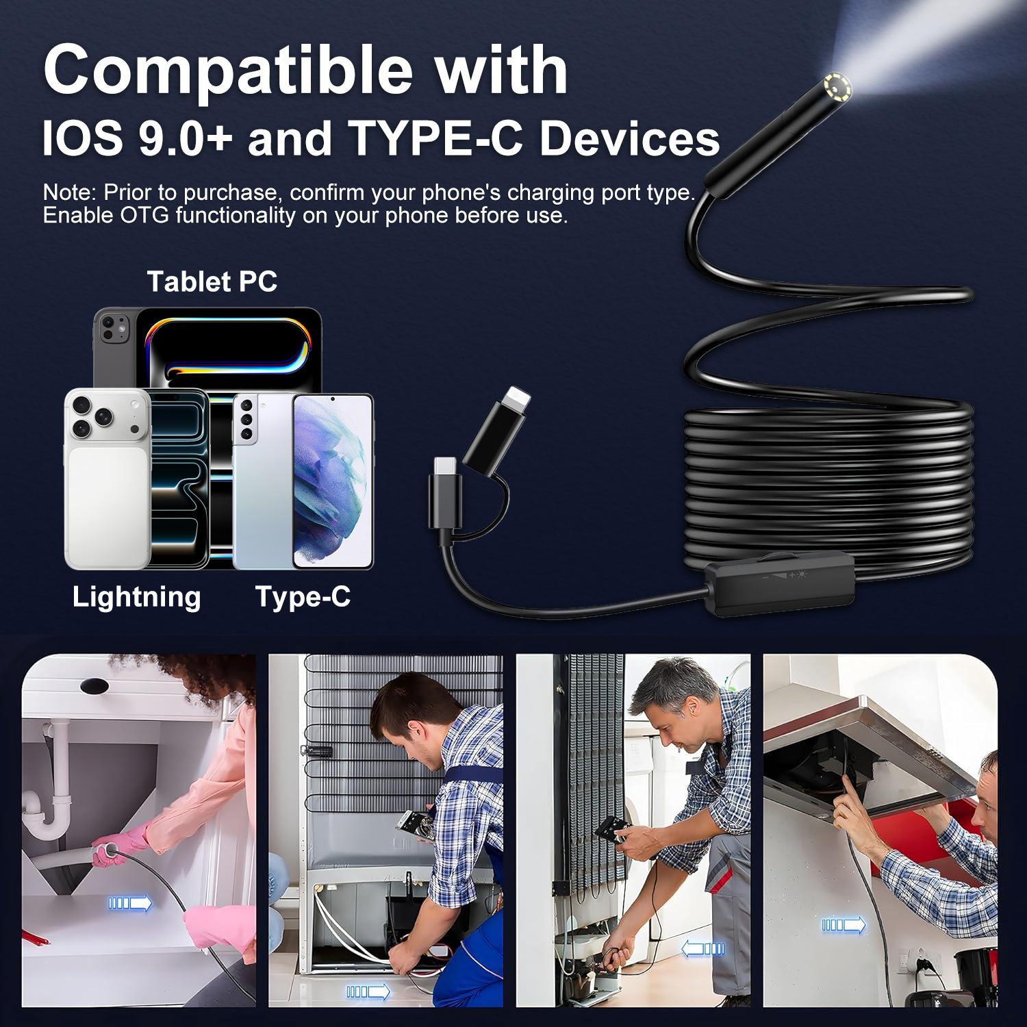 Endoscope Camera with Light, 1920P HD Borescope Tools with 8 Adjustable LED Lights, Endoscope with Semi-Rigid Snake Camera, Inspection Borescope for iOS and Android - 16.4ft Single Lens
