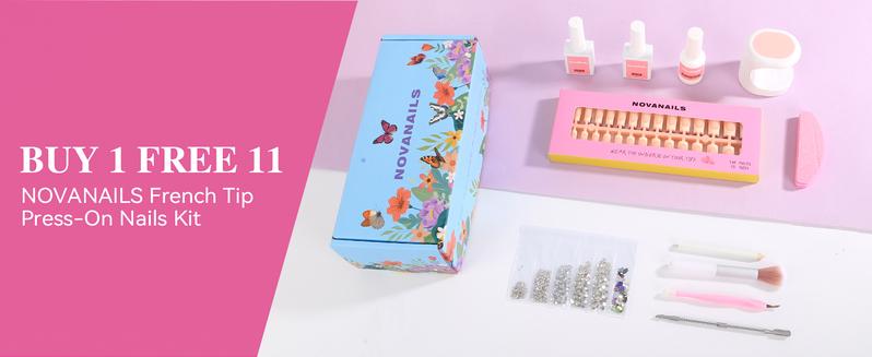 NOVANAILS French Tip Press On Kit 150Pcs Medium Square Skin Tones Gel Nail Tips Starter Kit for Gift and Nail Art DIY,Decorations Rhinestone Art Glue with Brushes Nude Acrylic Powder