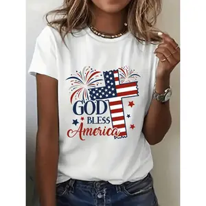 Independence Day T-shirt womens patriotic god america graphic t retro vintage flag fireworks print soft brea able sleeve round neck casual tee for casual attire flag clo es white Tee Top Womenswear