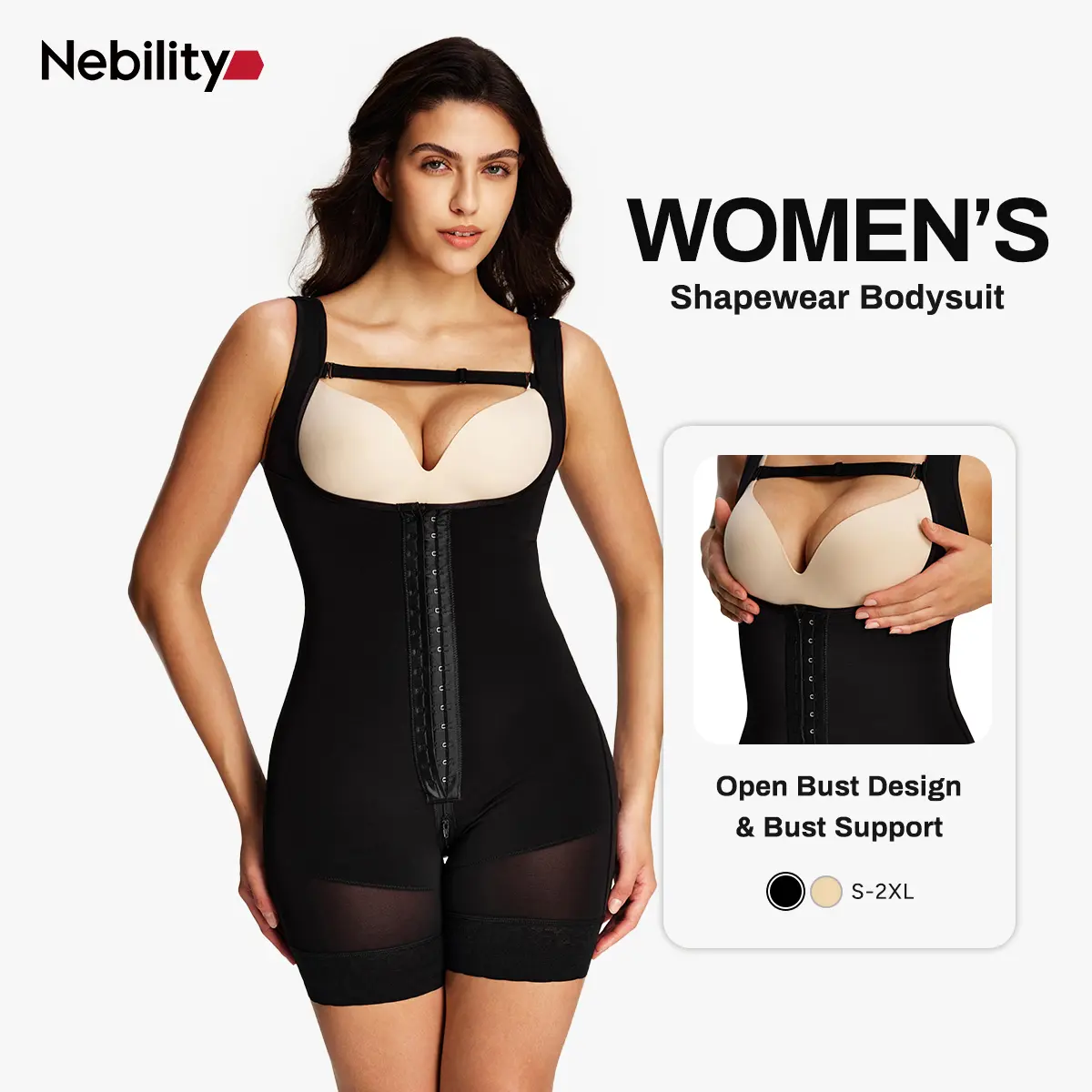 Nebility Women's Shapewear Bodysuit, High Compression Open Bust Postpartum Garment, High Waist Butt Lifter Body Shaper with Zipper, Basic