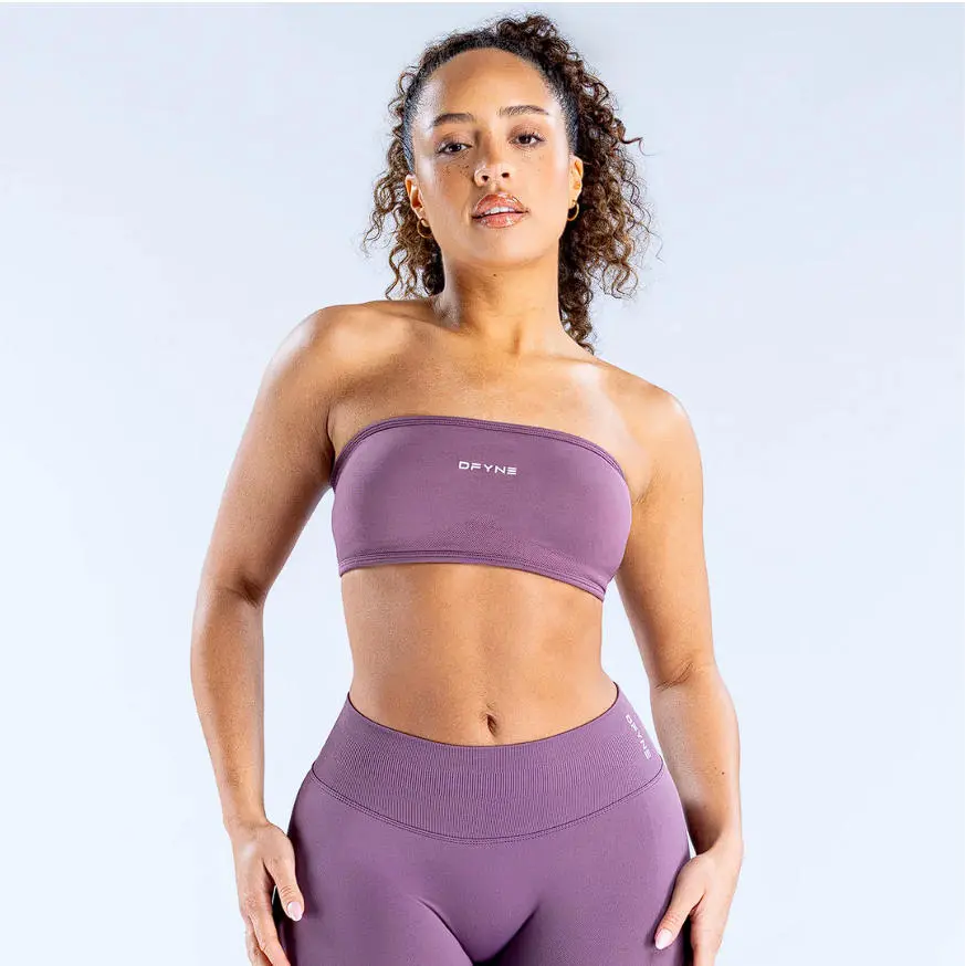 Female DFYNE Seamless Strapless Bandeau Sports Bra + High Waist Leggings 2-Piece Gym Clothes Set, Quick-Dry Stretchy Fabric, Athleisure Activewear for Yoga, Athletic Workout & Fitness Sportswear, Athleisure Activewear Set