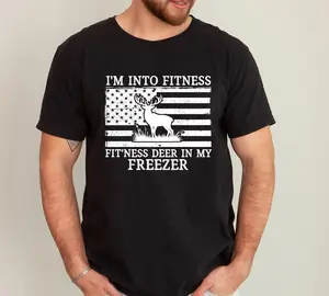 Menswear Cotton Short-Sleeve Casual Top, Deer Hunting Dad Shirt, I'm Into Fitness Deer in My Freezer Funny T-Shirt, Gift for Hunter Husband - KitchenEra