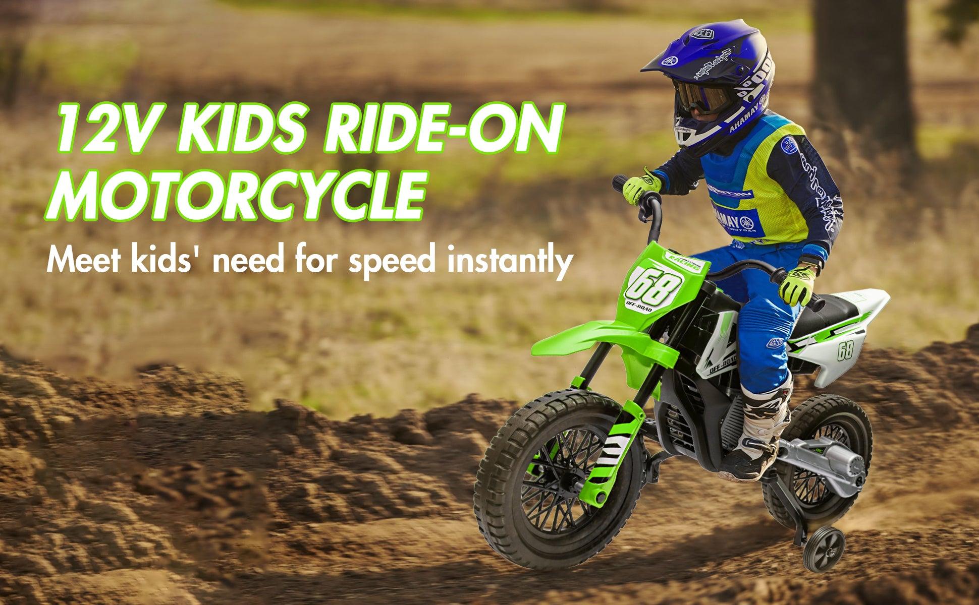 【GARVEE】12V Electric Dirt Bike with Dual 25W Motors, Twist Grip Throttle, Spring Suspension, Training Wheels, and Ride-On Toy in Green, Pink, Blue, and Red Colors