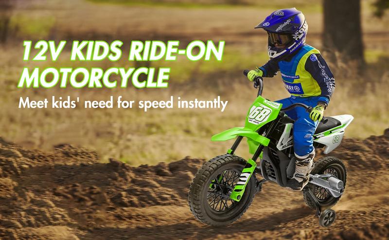 【GARVEE】12V Electric Dirt Bike with Dual 25W Motors, Twist Grip Throttle, Spring Suspension, Training Wheels, and Ride-On Toy in Green, Pink, Blue, and Red Colors