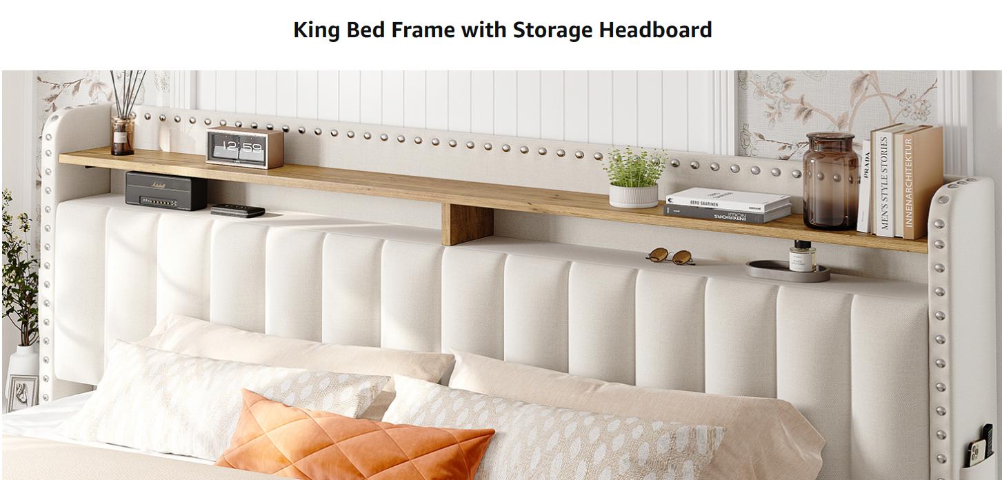 Bed frame for Queen Bed Frame with Headboard&Storage,NO MATTRESS,  Luxury Upholstered Bed Frame with Storage, 2 Drawers & Shelf on Headboard, NO Noise, KING, FULL, Twin, Mother's Day Gifts