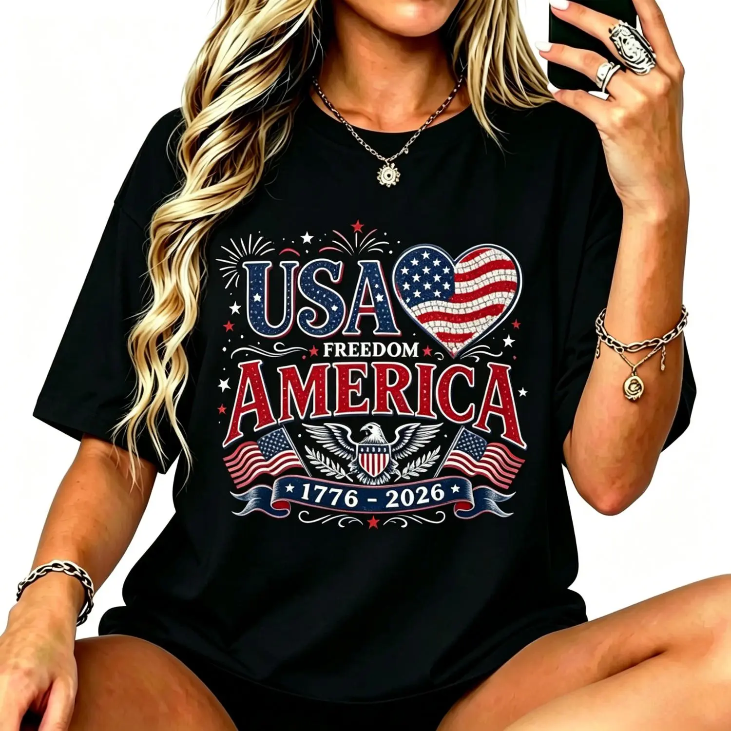 Women Cotton T-shirt USA Freedom Patriot Eagle 1776-2026 Independence Day 4th July Celebration Tee