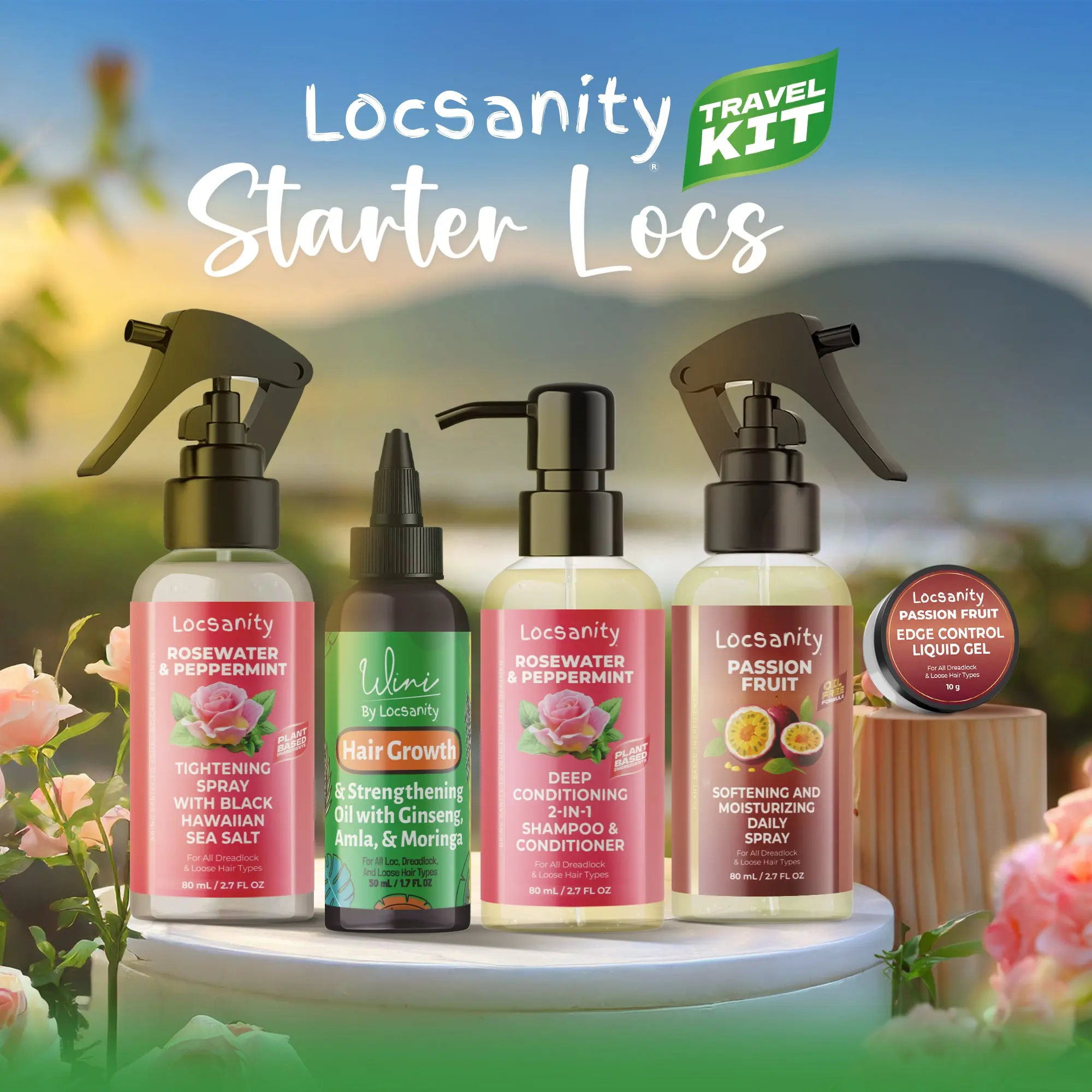 Locsanity Starter Locs Travel Kit for Baby Locs & Dreadlocks - 2-in-1 Shampoo & Conditioner, Nourishing Hair Oil, Moisturizing Spray, Rosewater Peppermint Blend, Black Hawaiian Sea Salt, Liquid Edge Control, Moisturizer, Haircare, Cleansing, Hydrating, Sh
