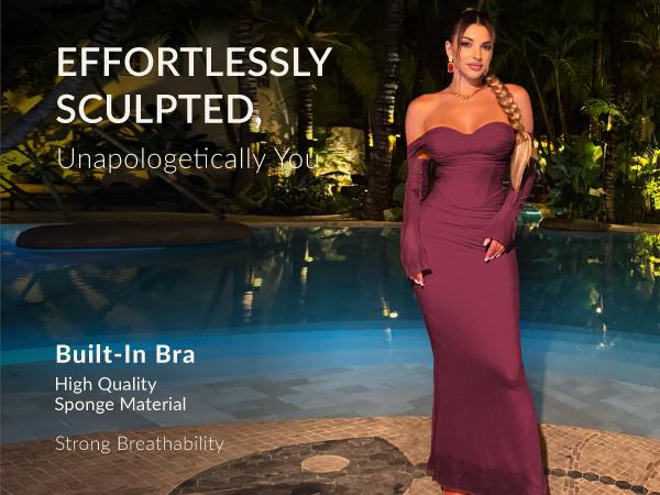 CurvySweet Women's Off The Shoulder Bodycon Corset Ruched Maxi Dress Built-in Bra Long Sleeves Wedding Guest Long Dresses for Women