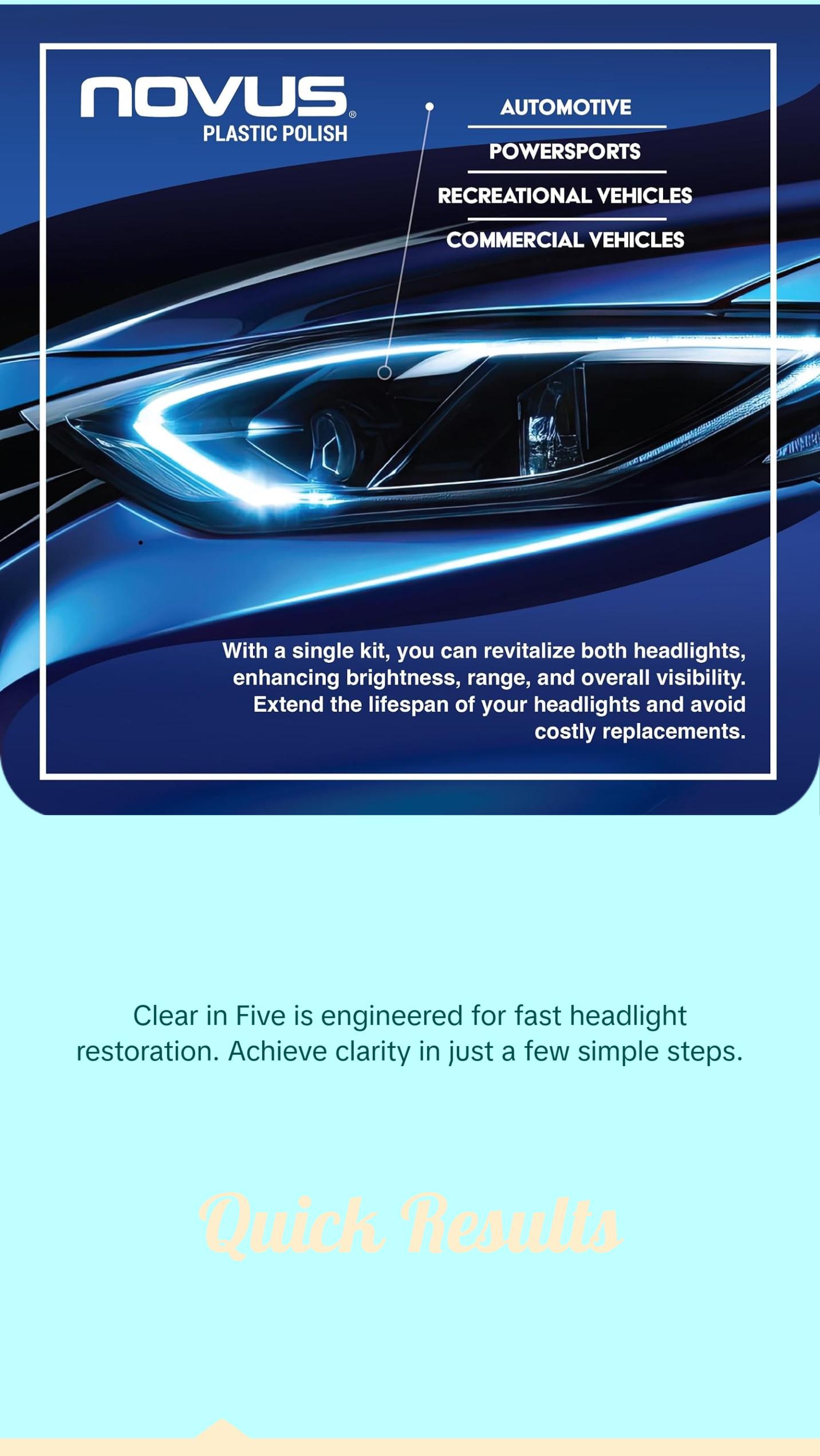 NOVUS Clear in Five Headlight Restoration Kit, Restoration for Car Headlights, 2 Ounce 1, #2, and #3 Bottles, Buffing Pad, Backing Pad Drill Attachment, 1,000 Grit Sanding Disk, 3 Polish Mates