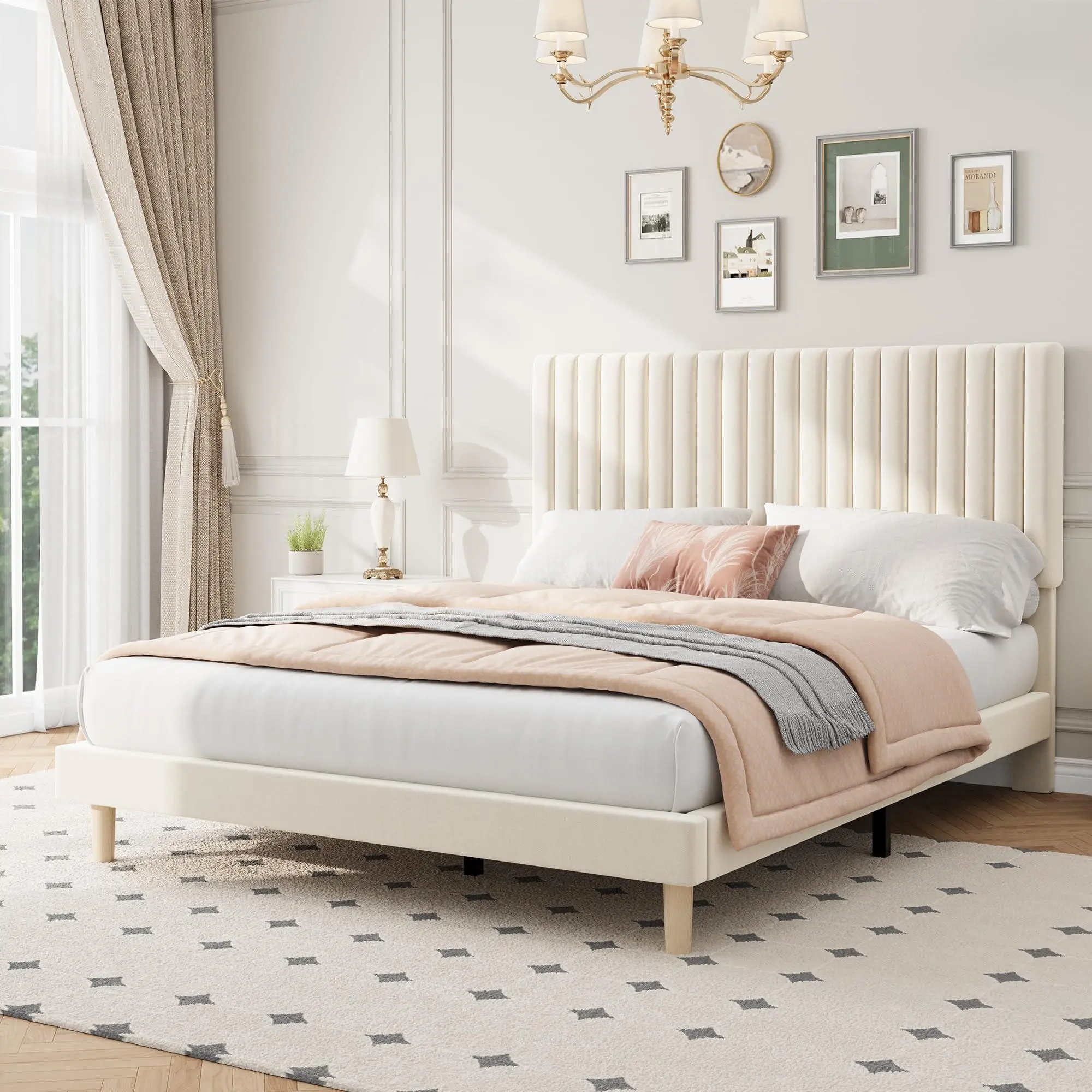 Gaomon Beige Queen-Sized Modern Platform Bed Frame with Velvet Upholstery, Adjustable Height Headboard, Vertical Channel Tufting, Strong Wooden Slats, No Box Spring Needed, Easy Assembly