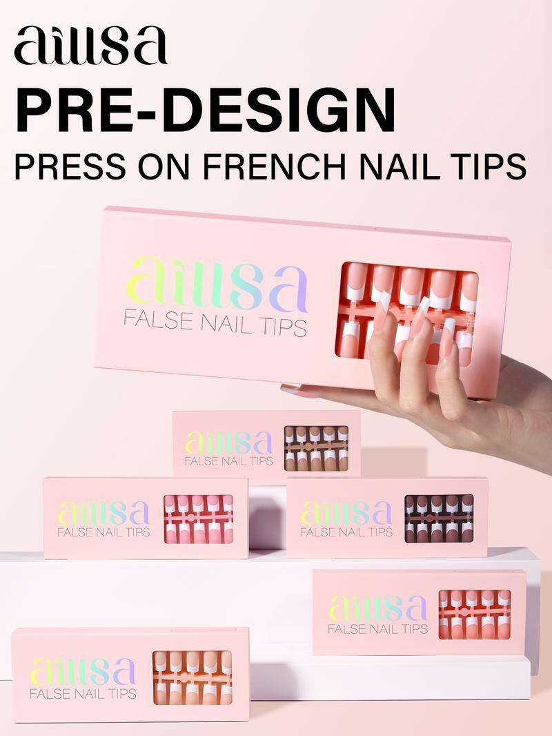 Aillsa Medium Square French Tip Press on Nails - Classic Full Cover Soft Gel Nail Tips Natural False Nails Easy to Wear Soak Off Acrylic Fake Nails Extensions Reusable & Comfortable Fit DIY Nail Art at home press-on nail set french style press nail