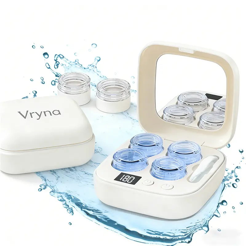 Multicolor Rechargeable Ultrasonic Contact Lens Cleanser Kit - Compact (90x90x40 mm), Vanity Mirror Included, 3 Cleaning Modes, Storage Case for Hard/Soft Lenses