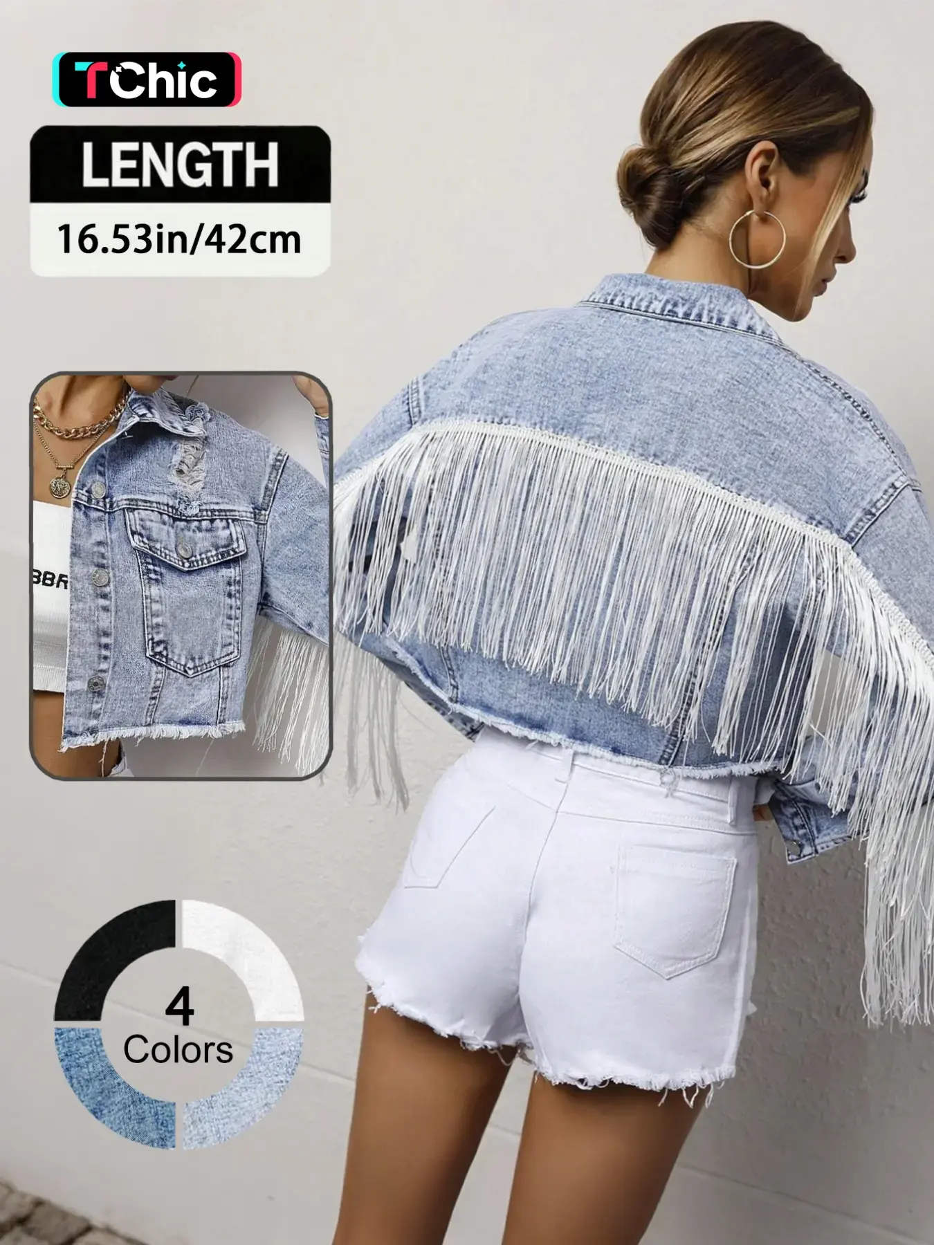 Elegant Fashion Backless Fringed Denim Long Sleeve Jacket Coats for Music Festivals, Casual Stylish Chic Streetwear for Women, Trendy Short Casual Style Outerwear Casual Outerwears Womenswear, Lady