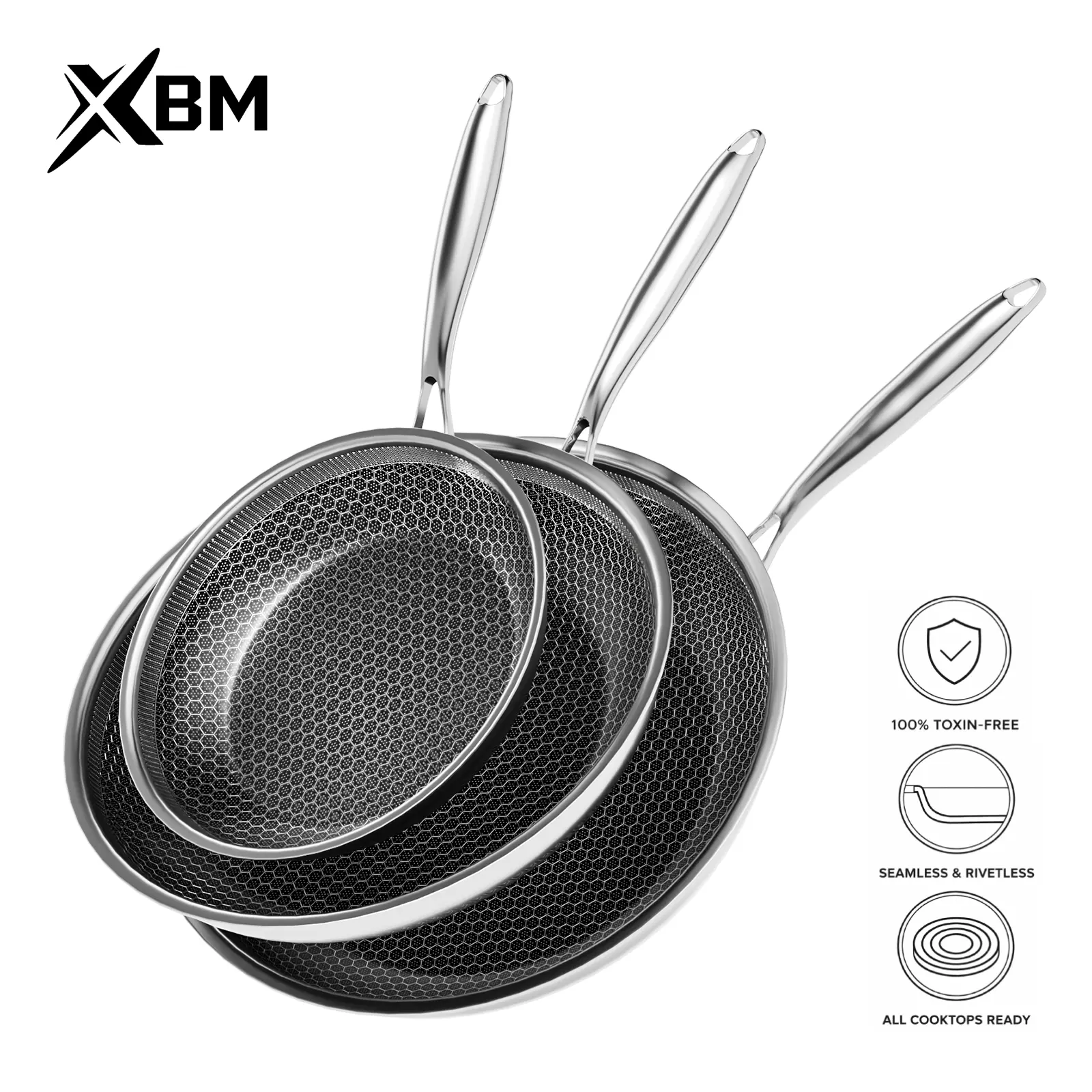 XBM Professional Round Ceramic Nonstick Coated Tri-Ply 304 Stainless Steel Honeycomb Pan - 7-in Heavy Duty, Glass Lid, Rivetless Easy-Clean Interior, PTFE/PFOA-Free, Induction Safe, Oven/Dishwasher Safe, Metal Spatula Ok, Daily Cooking, Housewarming Gift