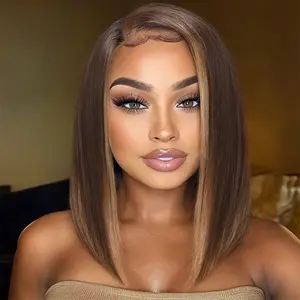 【LIVE Sale】12'' Mocha Brown Highlight Bob Wig with Caramel Highlights 7x5 Bye Bye Knots Wig Glueless Human Hair Wigs TikTokShopSpringGlowUp Greenish