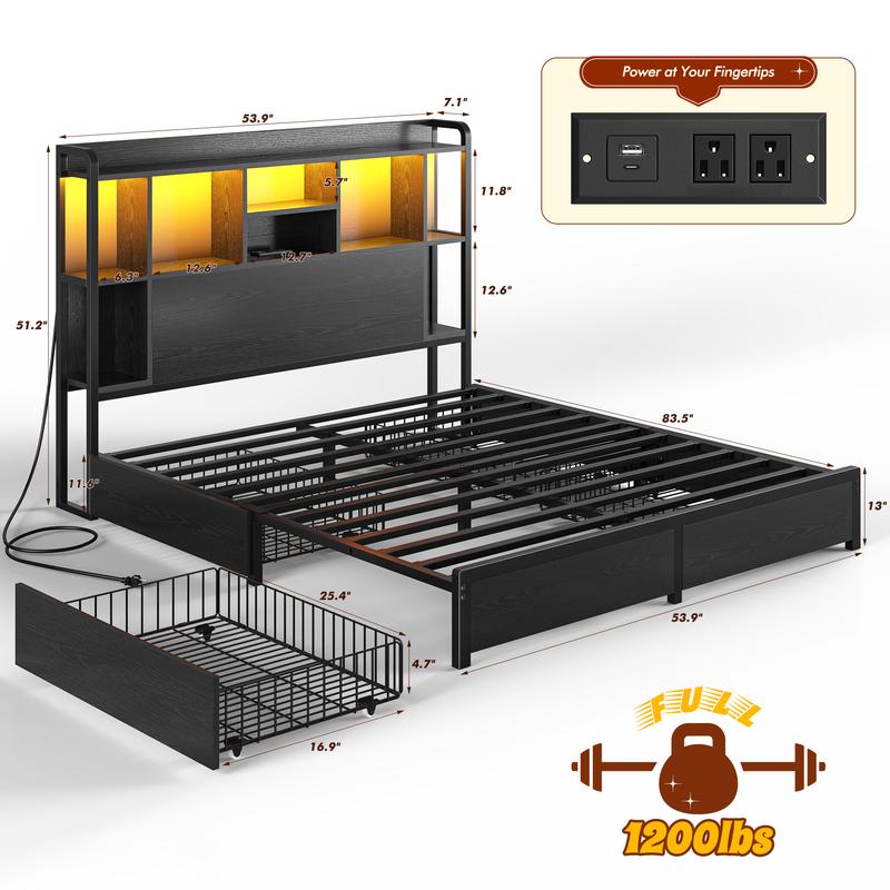 Raybee Modern Queen Bed Frame with 51" Tall Headboard, 9 Storage Compartments & 4 Drawers, LED Platform Bed Frame with Charging Station, Holds 1200LBS with Metal Frame & Slats, No Noise, No Box Spring Needed, Full, King, Black, Rustic Brown Raybee Modern Queen Bed Frame with 51" Tall Headboard, 9 Storage Compartments & 4 Drawers, LED Platform Bed Frame with Charging Station, Holds 1200LBS with Metal Frame & Slats, No Noise, No Box Spring Needed, Full, King, Black, Rustic Brown
