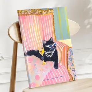 1PC Framed Wall Art，Funky Black Cat Martini Canvas Art | Pink Dopamine Bar Cart Wall Decor Eclectic Aesthetic Room Decor For Bedroom Apartment Wall Art Dorm Decor