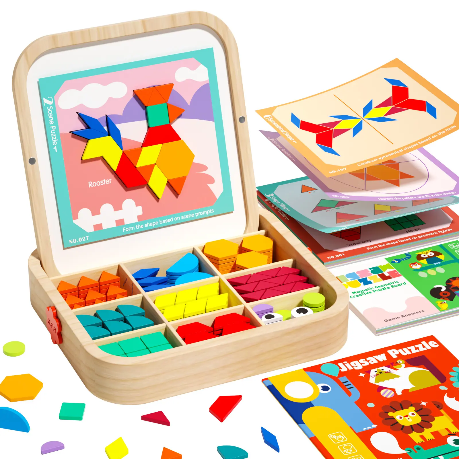 288-PC Magnetic Geometric Wooden Puzzle & Blocks Set, Magnetic Building Set, STEM Learning Toys with Pattern Cards for Kids Ages 4-8, Indoor Educational Creative Toy with Storage Container